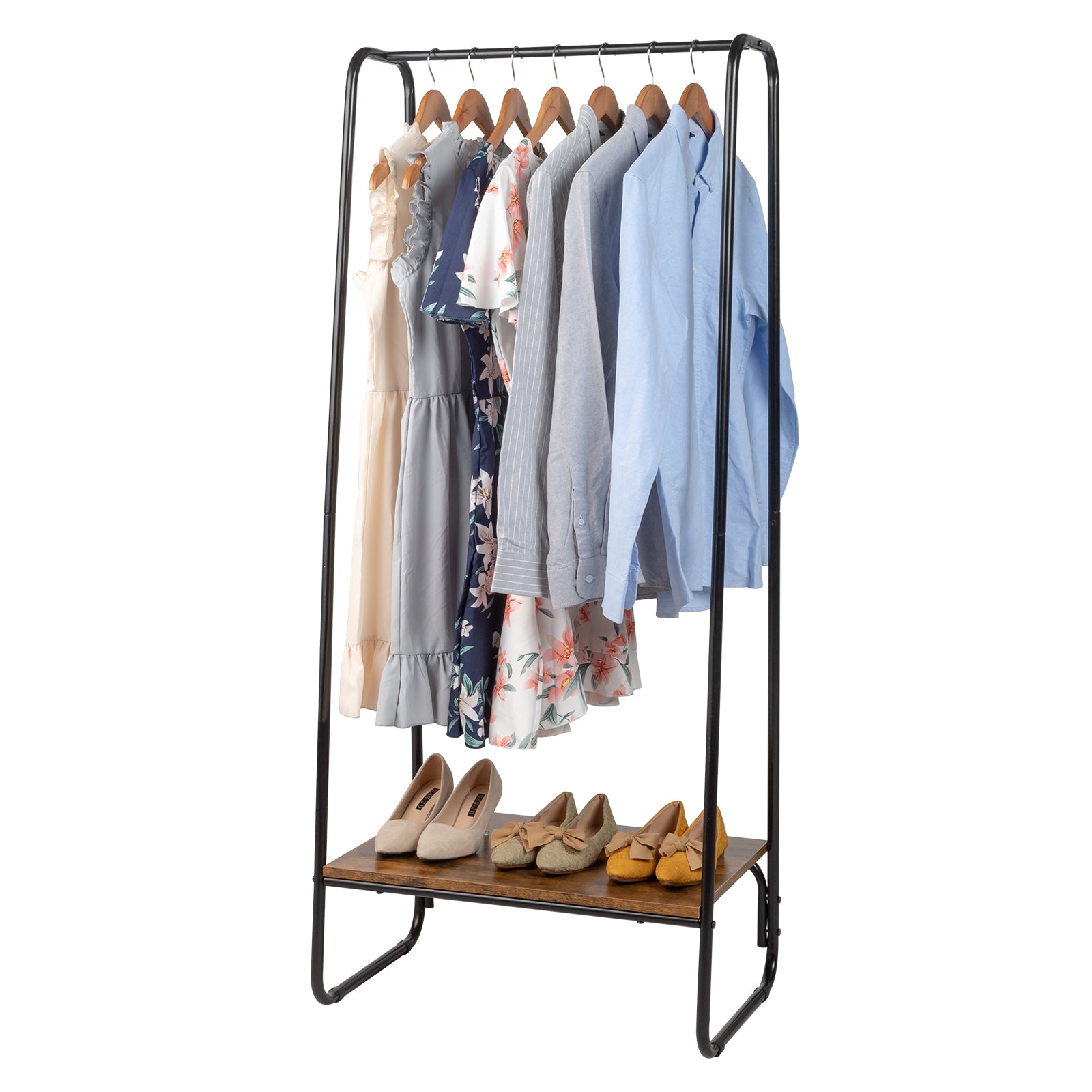 HAOYYE Freestanding Clothes Rack with Wood Shelf, Black Metal Garment Rack for Clothes, Durable Modern Storage Solution, Standing Organizer with Sturdy Design for Bedroom or Closet, Multifunctional Hanging Rack for Clothes and Accessories