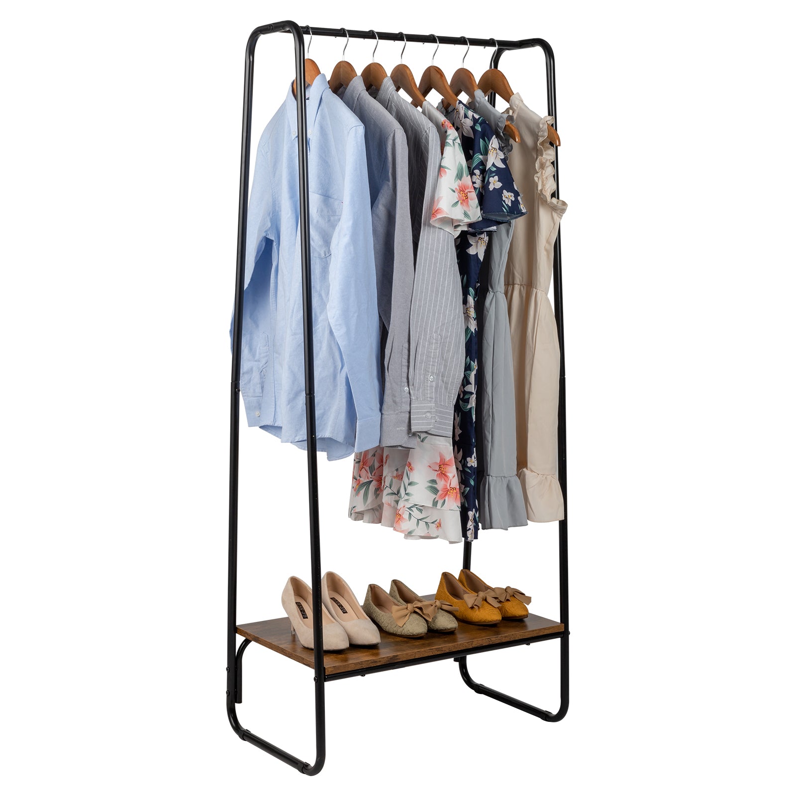 HAOYYE Freestanding Clothes Rack with Wood Shelf, Black Metal Garment Rack for Clothes, Durable Modern Storage Solution, Standing Organizer with Sturdy Design for Bedroom or Closet, Multifunctional Hanging Rack for Clothes and Accessories