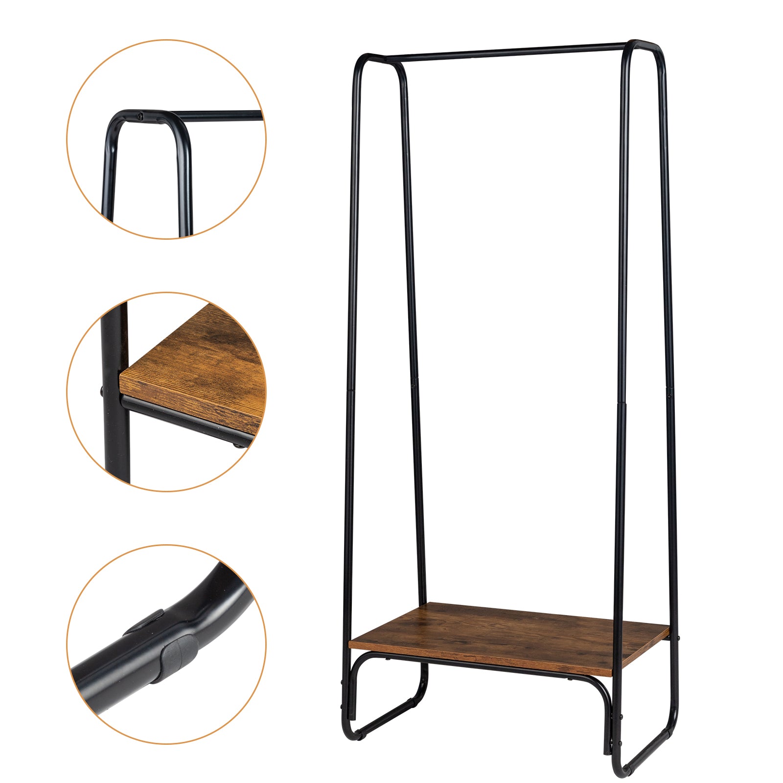 HAOYYE Freestanding Clothes Rack with Wood Shelf, Black Metal Garment Rack for Clothes, Durable Modern Storage Solution, Standing Organizer with Sturdy Design for Bedroom or Closet, Multifunctional Hanging Rack for Clothes and Accessories