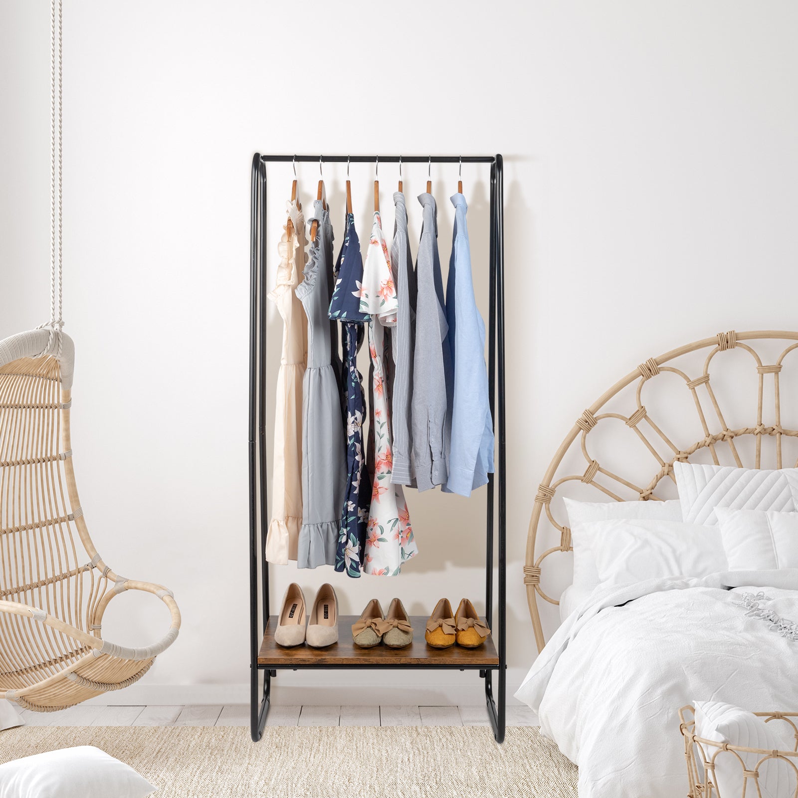 HAOYYE Freestanding Clothes Rack with Wood Shelf, Black Metal Garment Rack for Clothes, Durable Modern Storage Solution, Standing Organizer with Sturdy Design for Bedroom or Closet, Multifunctional Hanging Rack for Clothes and Accessories