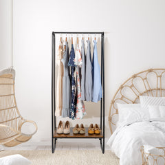 HAOYYE Freestanding Clothes Rack with Wood Shelf, Black Metal Garment Rack for Clothes, Durable Modern Storage Solution, Standing Organizer with Sturdy Design for Bedroom or Closet, Multifunctional Hanging Rack for Clothes and Accessories