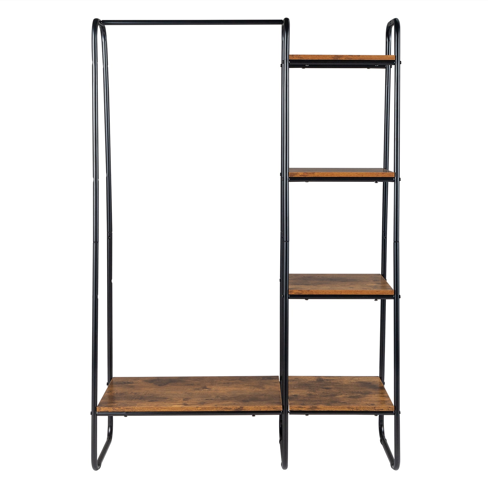 HAOYYE Clothes Rack with 5 Wood Shelves Freestanding Garment Rack Standing Metal Clothing Rack Black Durable Design Multifunctional Modern Organizer Space-Saving Storage Solution for Home and Bedroom