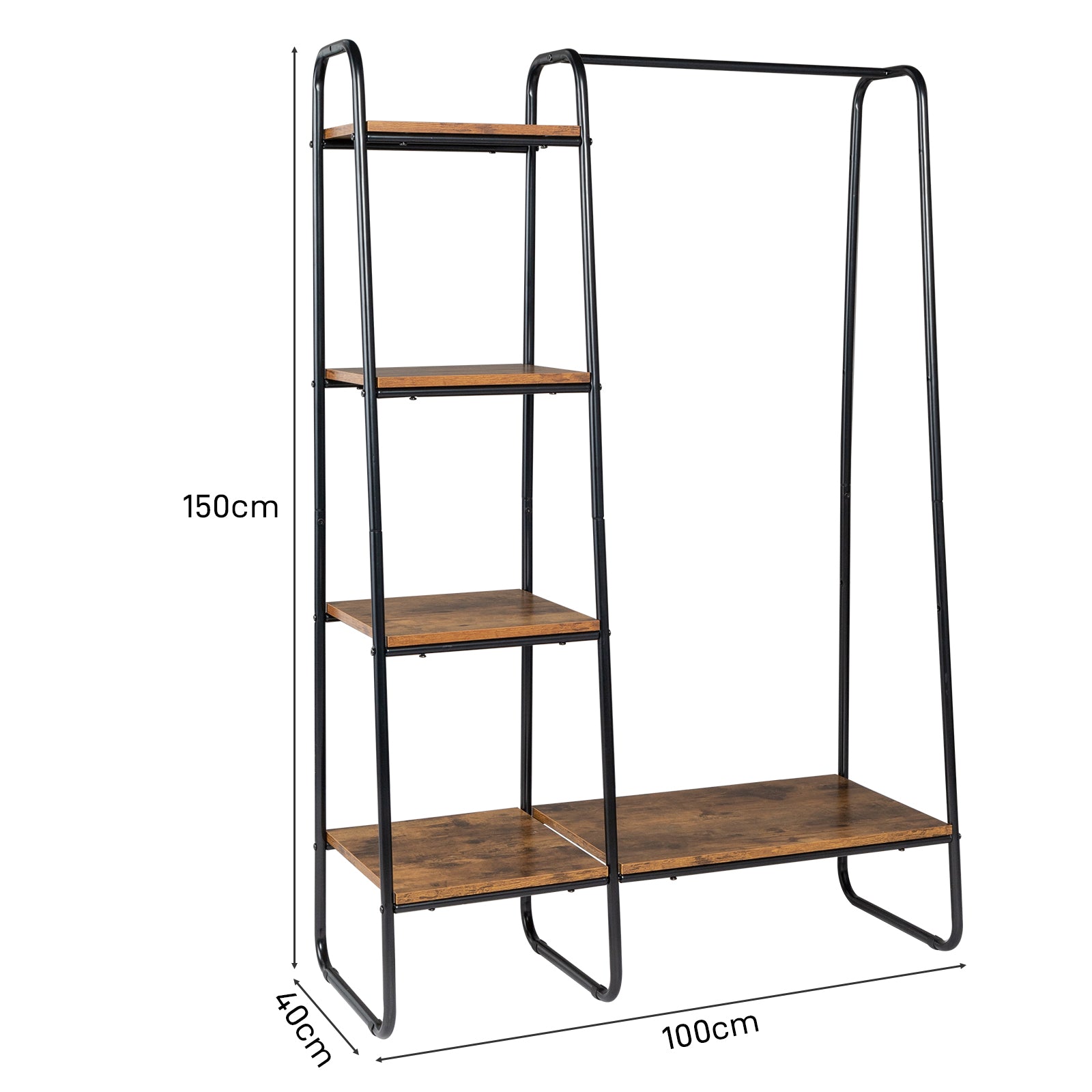 HAOYYE Clothes Rack with 5 Wood Shelves Freestanding Garment Rack Standing Metal Clothing Rack Black Durable Design Multifunctional Modern Organizer Space-Saving Storage Solution for Home and Bedroom
