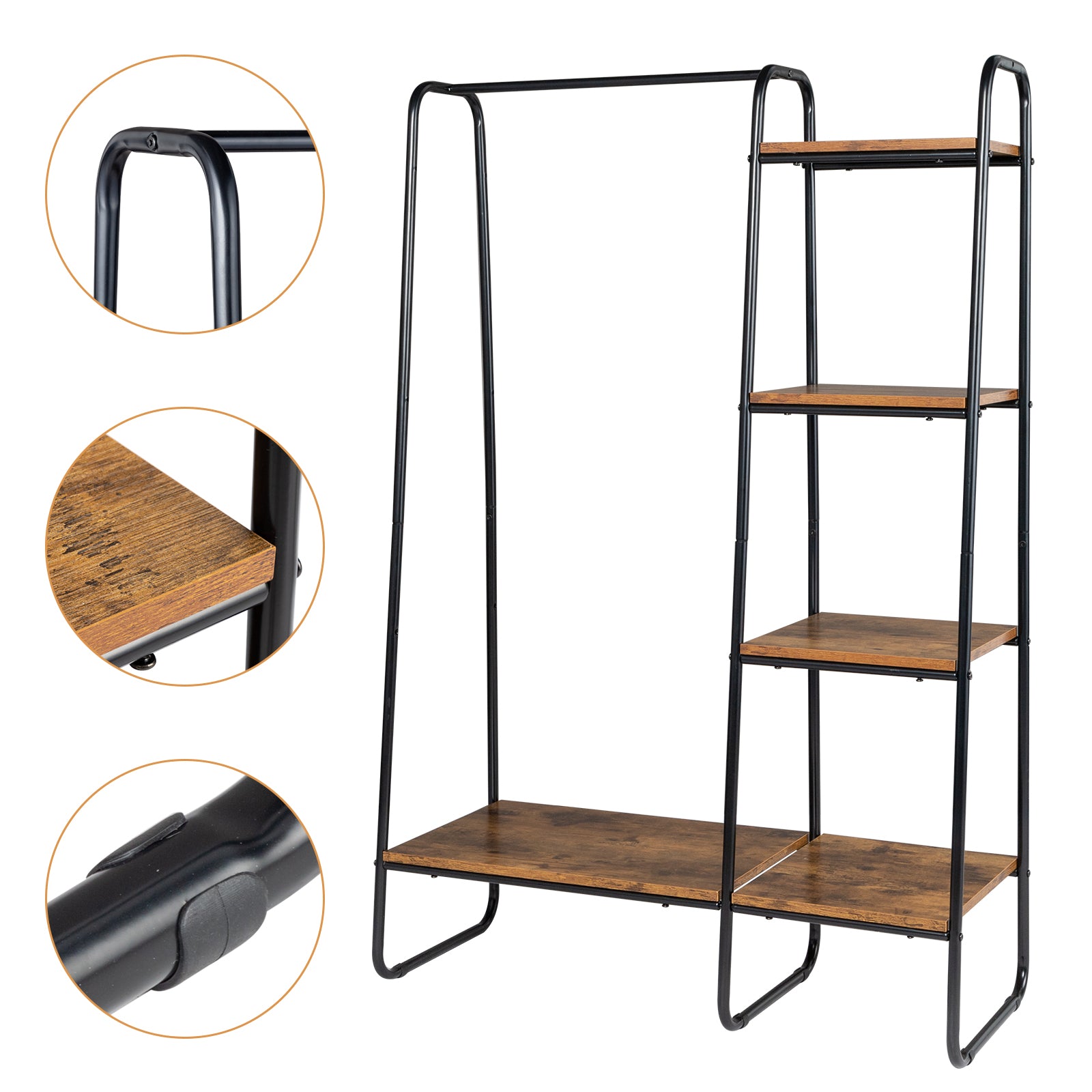 HAOYYE Clothes Rack with 5 Wood Shelves Freestanding Garment Rack Standing Metal Clothing Rack Black Durable Design Multifunctional Modern Organizer Space-Saving Storage Solution for Home and Bedroom