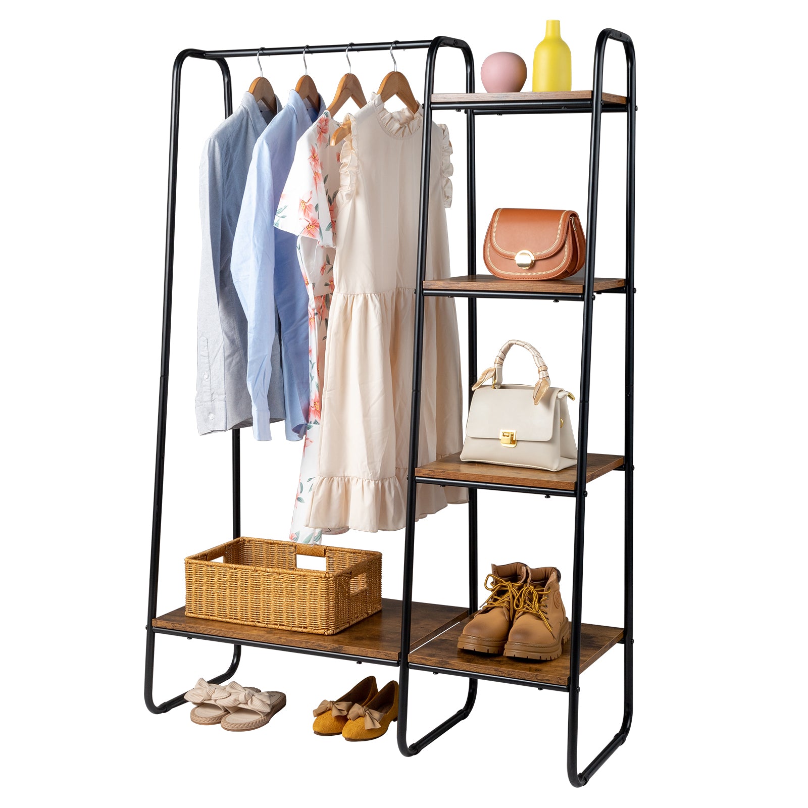 HAOYYE Clothes Rack with 5 Wood Shelves Freestanding Garment Rack Standing Metal Clothing Rack Black Durable Design Multifunctional Modern Organizer Space-Saving Storage Solution for Home and Bedroom