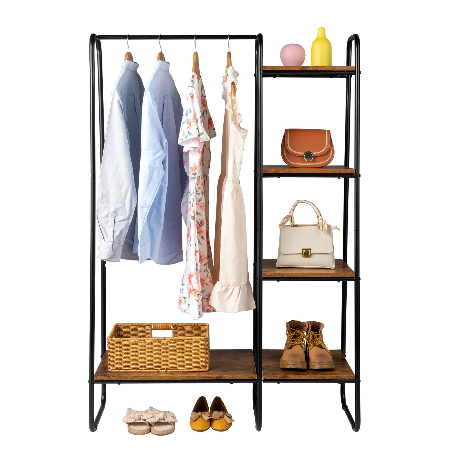 HAOYYE Clothes Rack with 5 Wood Shelves Freestanding Garment Rack Standing Metal Clothing Rack Black Durable Design Multifunctional Modern Organizer Space-Saving Storage Solution for Home and Bedroom