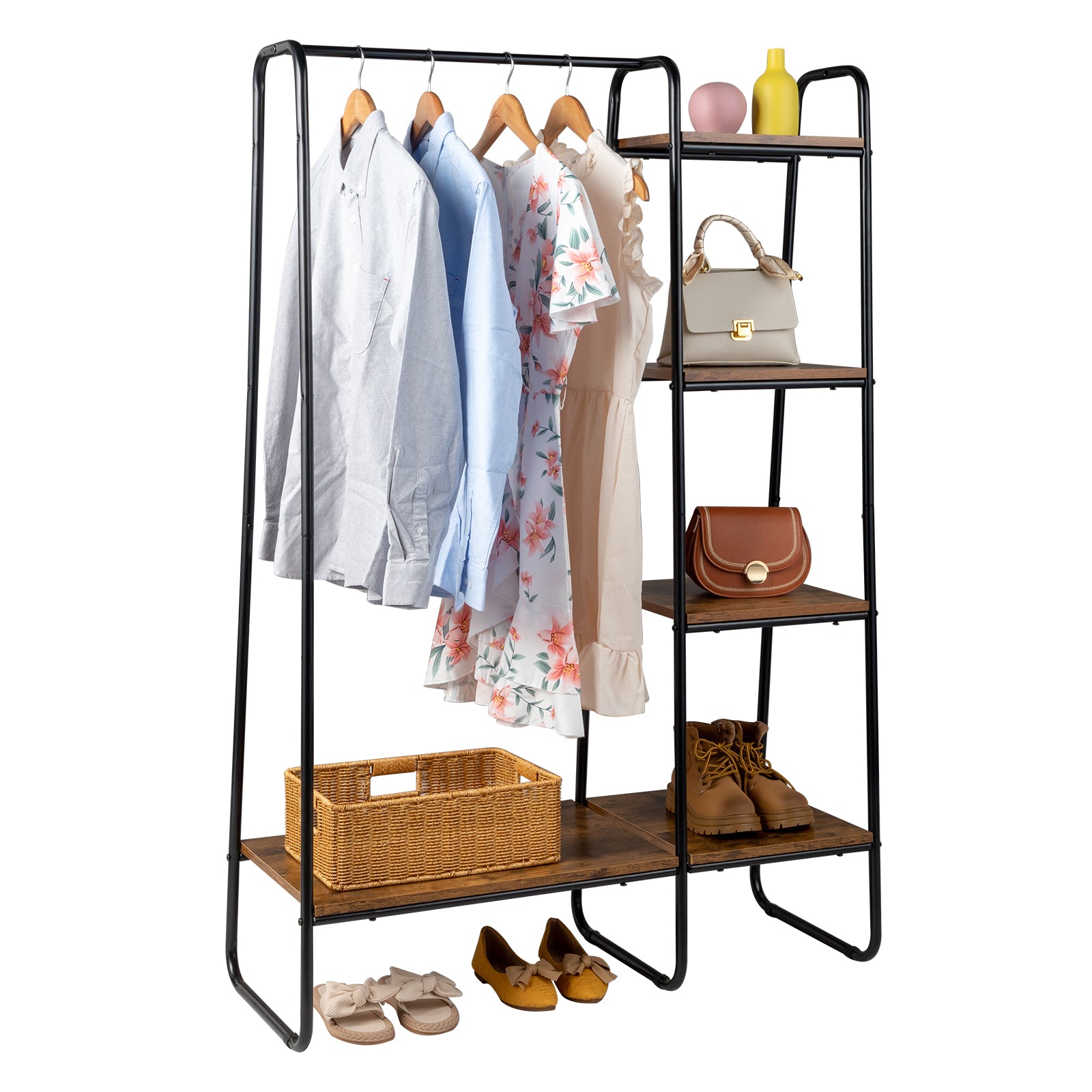 HAOYYE Clothes Rack with 5 Wood Shelves Freestanding Garment Rack Standing Metal Clothing Rack Black Durable Design Multifunctional Modern Organizer Space-Saving Storage Solution for Home and Bedroom