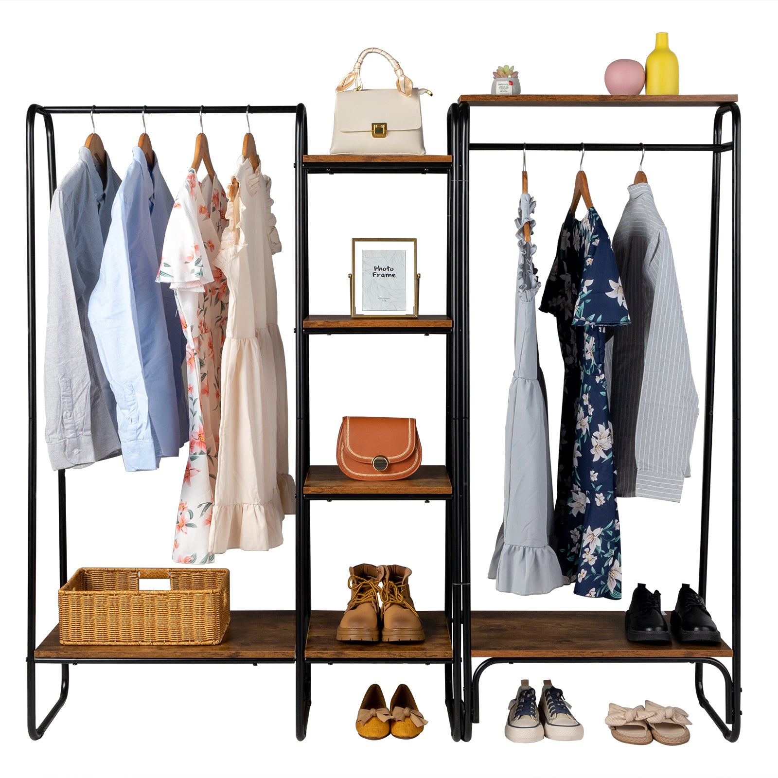 HAOYYE Clothes Rack with 5 Wood Shelves Freestanding Garment Rack Standing Metal Clothing Rack Black Durable Design Multifunctional Modern Organizer Space-Saving Storage Solution for Home and Bedroom