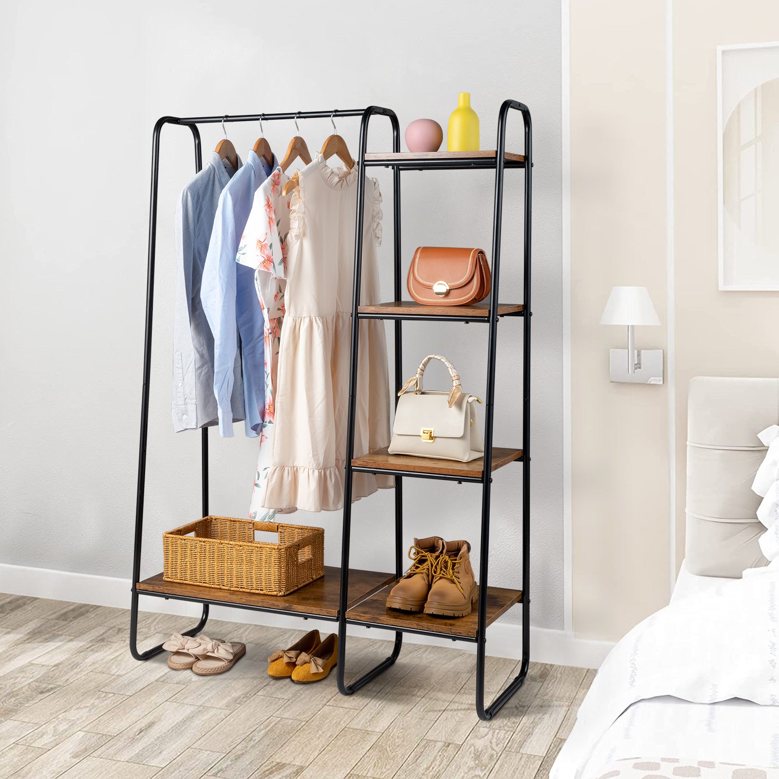 HAOYYE Clothes Rack with 5 Wood Shelves Freestanding Garment Rack Standing Metal Clothing Rack Black Durable Design Multifunctional Modern Organizer Space-Saving Storage Solution for Home and Bedroom