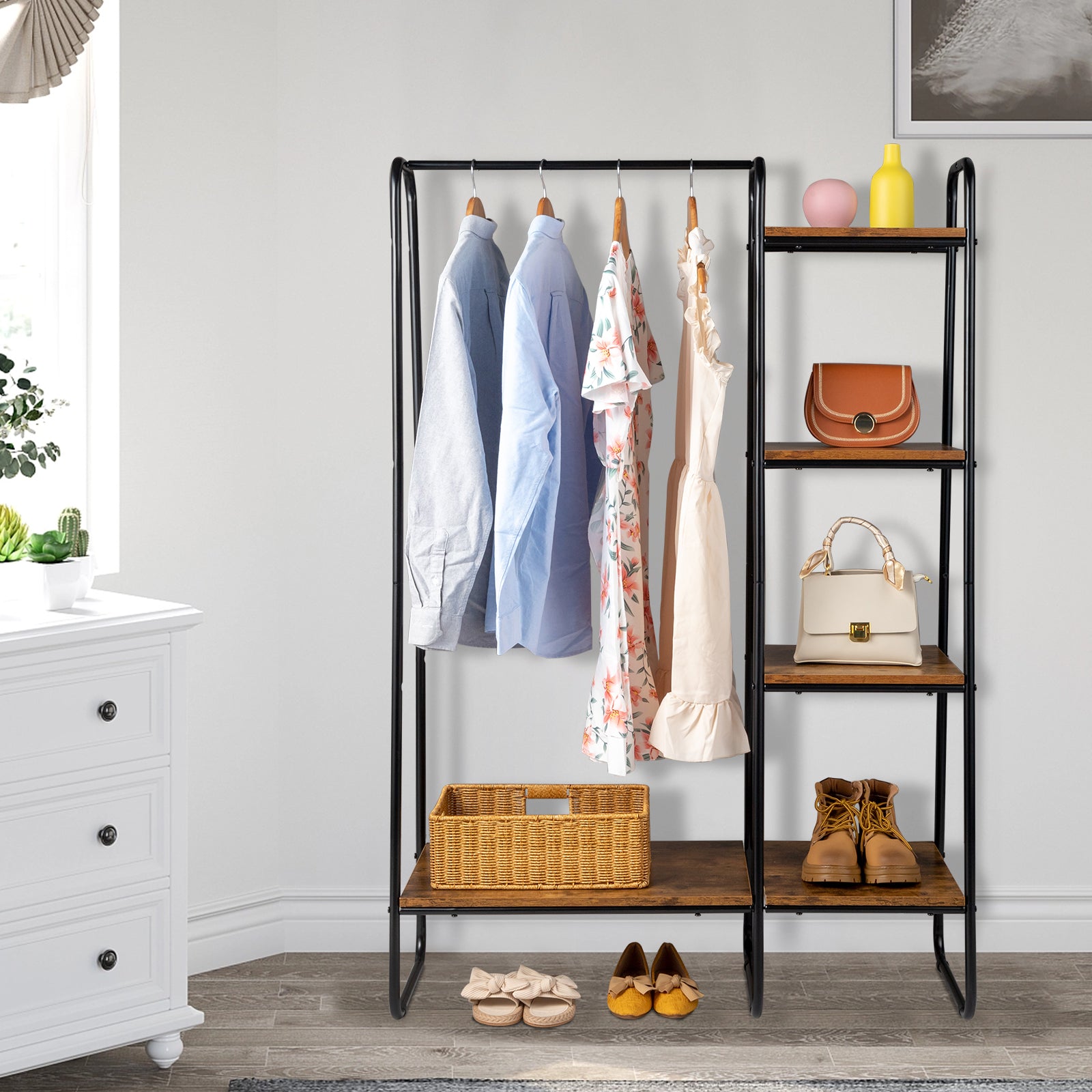 HAOYYE Clothes Rack with 5 Wood Shelves Freestanding Garment Rack Standing Metal Clothing Rack Black Durable Design Multifunctional Modern Organizer Space-Saving Storage Solution for Home and Bedroom