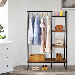 HAOYYE Clothes Rack with 5 Wood Shelves Freestanding Garment Rack Standing Metal Clothing Rack Black Durable Design Multifunctional Modern Organizer Space-Saving Storage Solution for Home and Bedroom