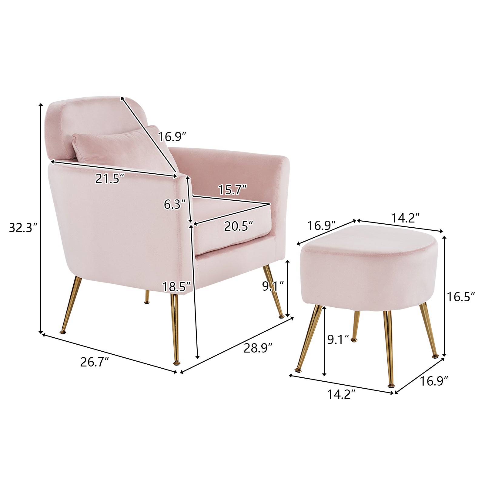 HAOYYE Modern Pink Flannelette Indoor Leisure Armchair with Gold-Plated Adjustable Feet and Pedals, Single Upholstered Accent Chair with Solid Wood Frame for Living Room Bedroom Office Lounge