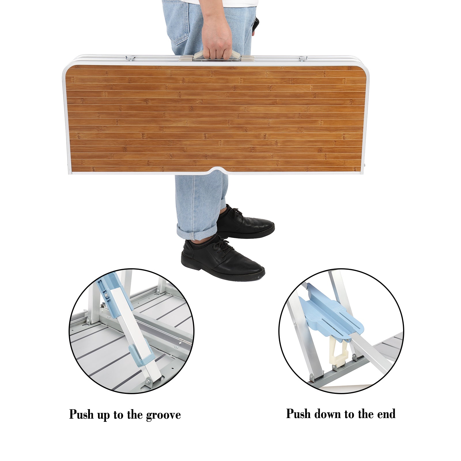 HAOYYE Aluminum Alloy Folding Table and Chair Set Wood Grain Color One Piece Design Portable Picnic Dining Table with Integrated Seats for Outdoor Camping Travel Patio Garden BBQ Easy Setup