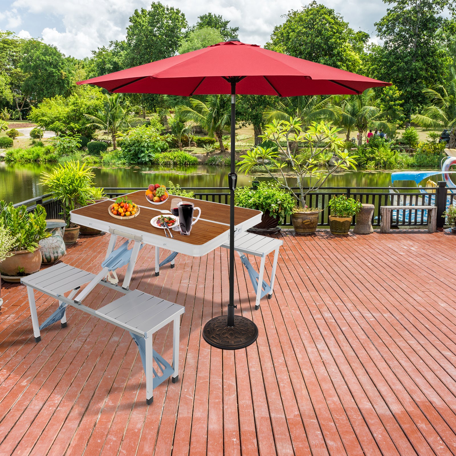 HAOYYE Aluminum Alloy Folding Table and Chair Set Wood Grain Color One Piece Design Portable Picnic Dining Table with Integrated Seats for Outdoor Camping Travel Patio Garden BBQ Easy Setup
