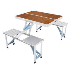 HAOYYE Aluminum Alloy Folding Table and Chair Set Wood Grain Color One Piece Design Portable Picnic Dining Table with Integrated Seats for Outdoor Camping Travel Patio Garden BBQ Easy Setup