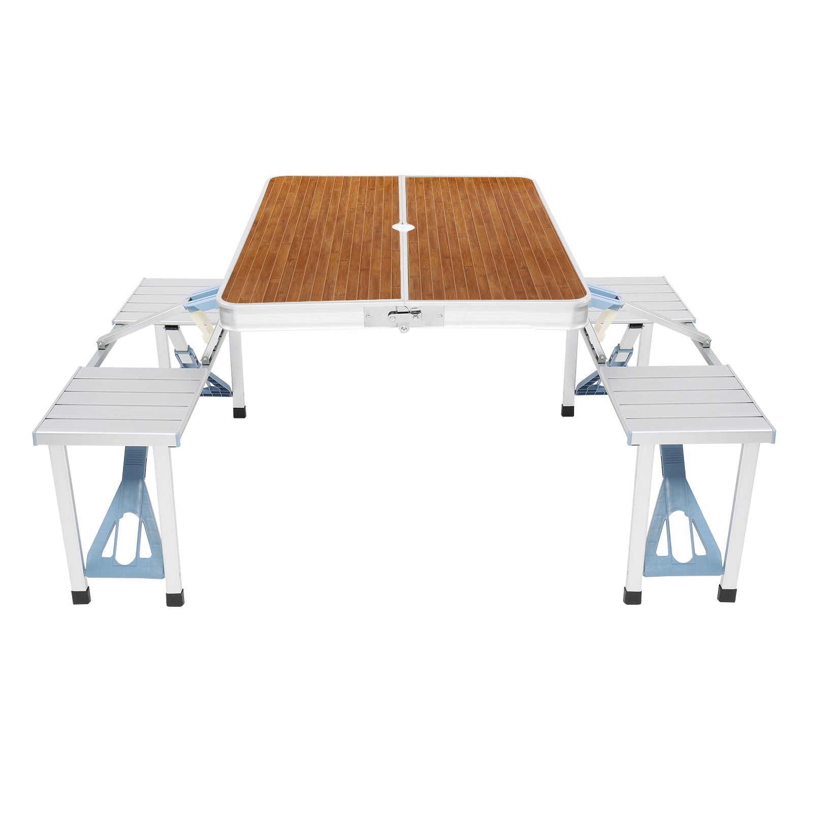 HAOYYE Aluminum Alloy Folding Table and Chair Set Wood Grain Color One Piece Design Portable Picnic Dining Table with Integrated Seats for Outdoor Camping Travel Patio Garden BBQ Easy Setup