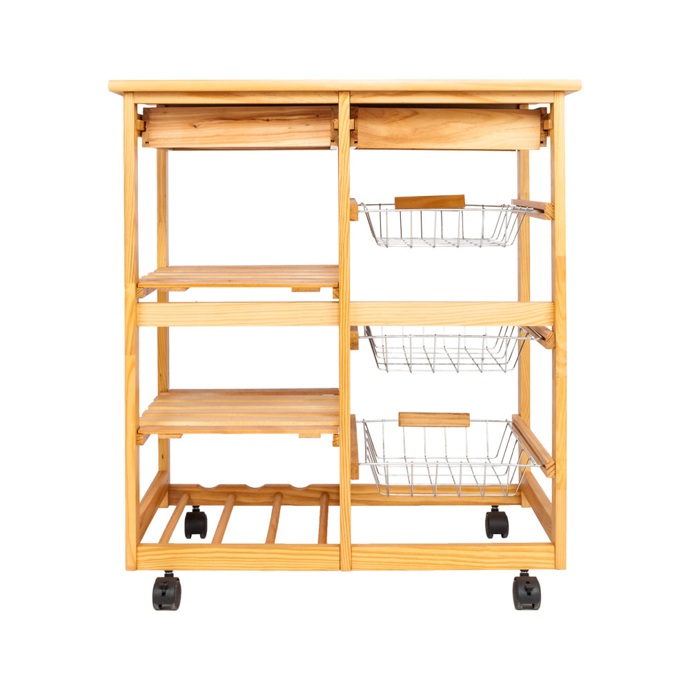 HAOYYE Kitchen & Dining Room Cart with 2 Drawers, Removable Storage Rack on Rolling Wheels, Wood Color, Mobile Utility Island with Wine Rack and Baskets