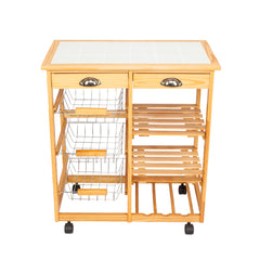 HAOYYE Kitchen & Dining Room Cart with 2 Drawers, Removable Storage Rack on Rolling Wheels, Wood Color, Mobile Utility Island with Wine Rack and Baskets