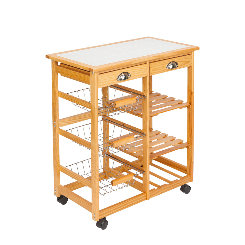 HAOYYE Kitchen & Dining Room Cart with 2 Drawers, Removable Storage Rack on Rolling Wheels, Wood Color, Mobile Utility Island with Wine Rack and Baskets