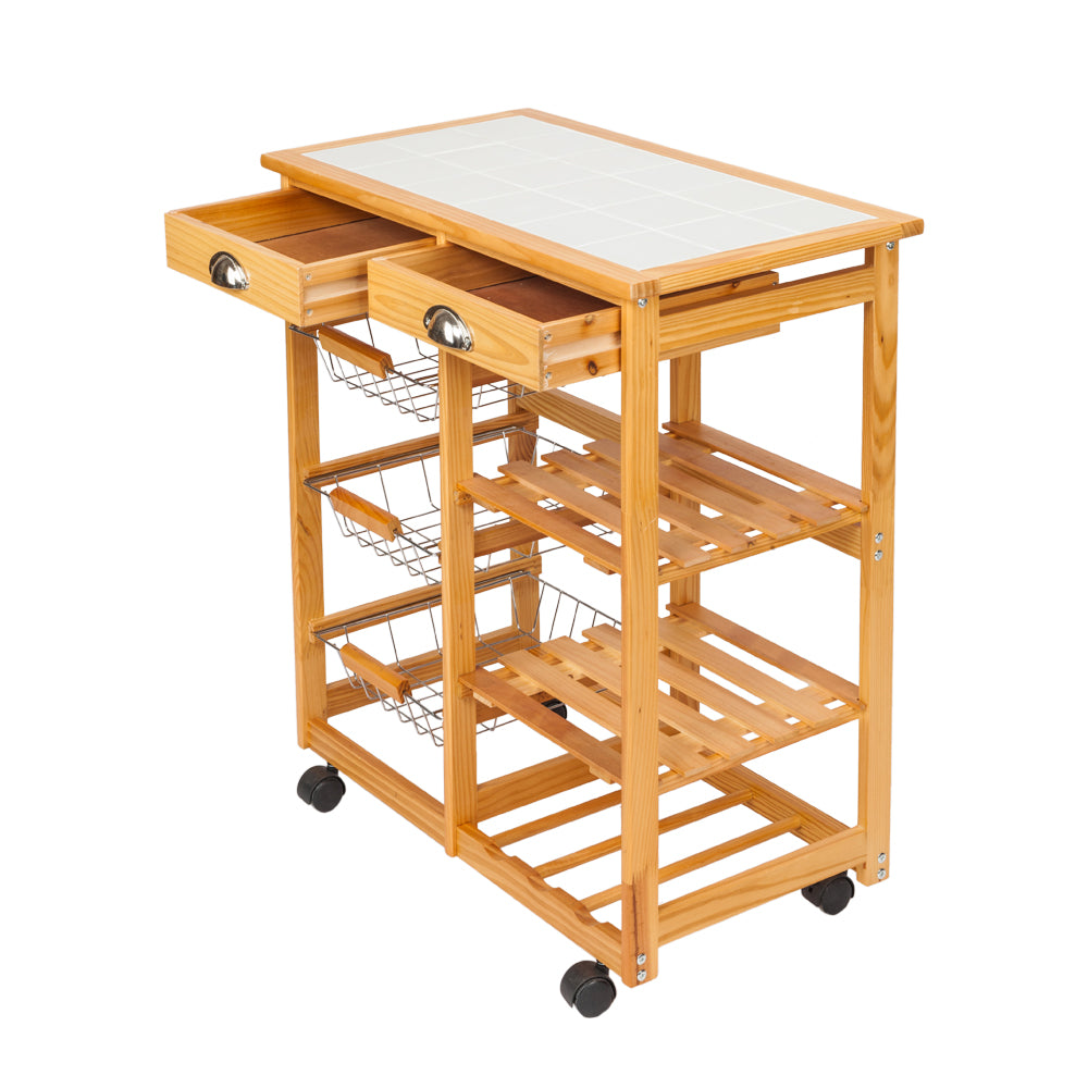 HAOYYE Kitchen & Dining Room Cart with 2 Drawers, Removable Storage Rack on Rolling Wheels, Wood Color, Mobile Utility Island with Wine Rack and Baskets