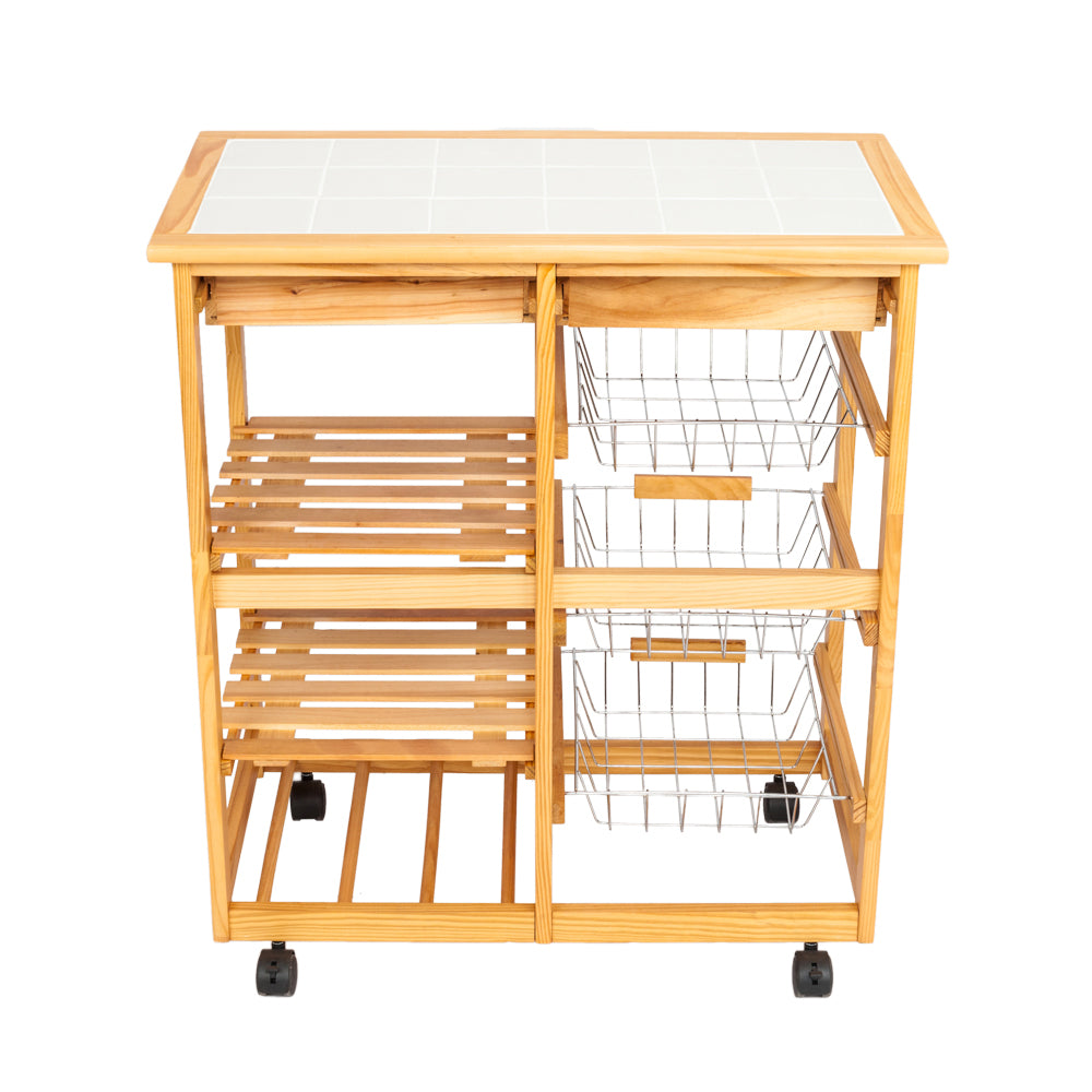 HAOYYE Kitchen & Dining Room Cart with 2 Drawers, Removable Storage Rack on Rolling Wheels, Wood Color, Mobile Utility Island with Wine Rack and Baskets