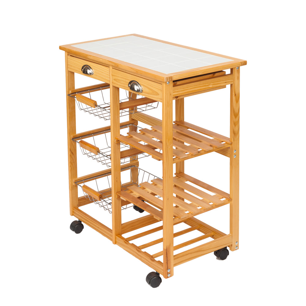 HAOYYE Kitchen & Dining Room Cart with 2 Drawers, Removable Storage Rack on Rolling Wheels, Wood Color, Mobile Utility Island with Wine Rack and Baskets