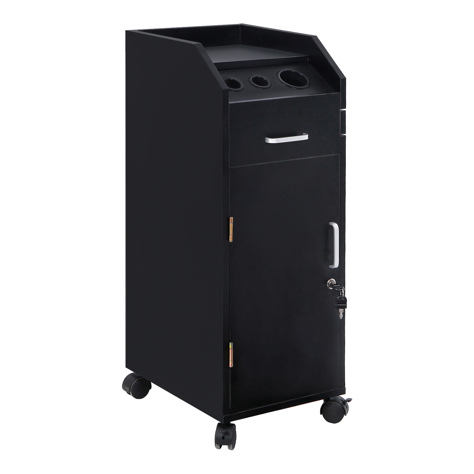 HAOYYE Black Hair Salon Storage Cart with Wheels Lockable 4 Drawer Rolling Trolley with 3 Hair Dryer Holders Mobile Makeup Organizer Station for Hairdressing Barber Spa Beauty Studio Use