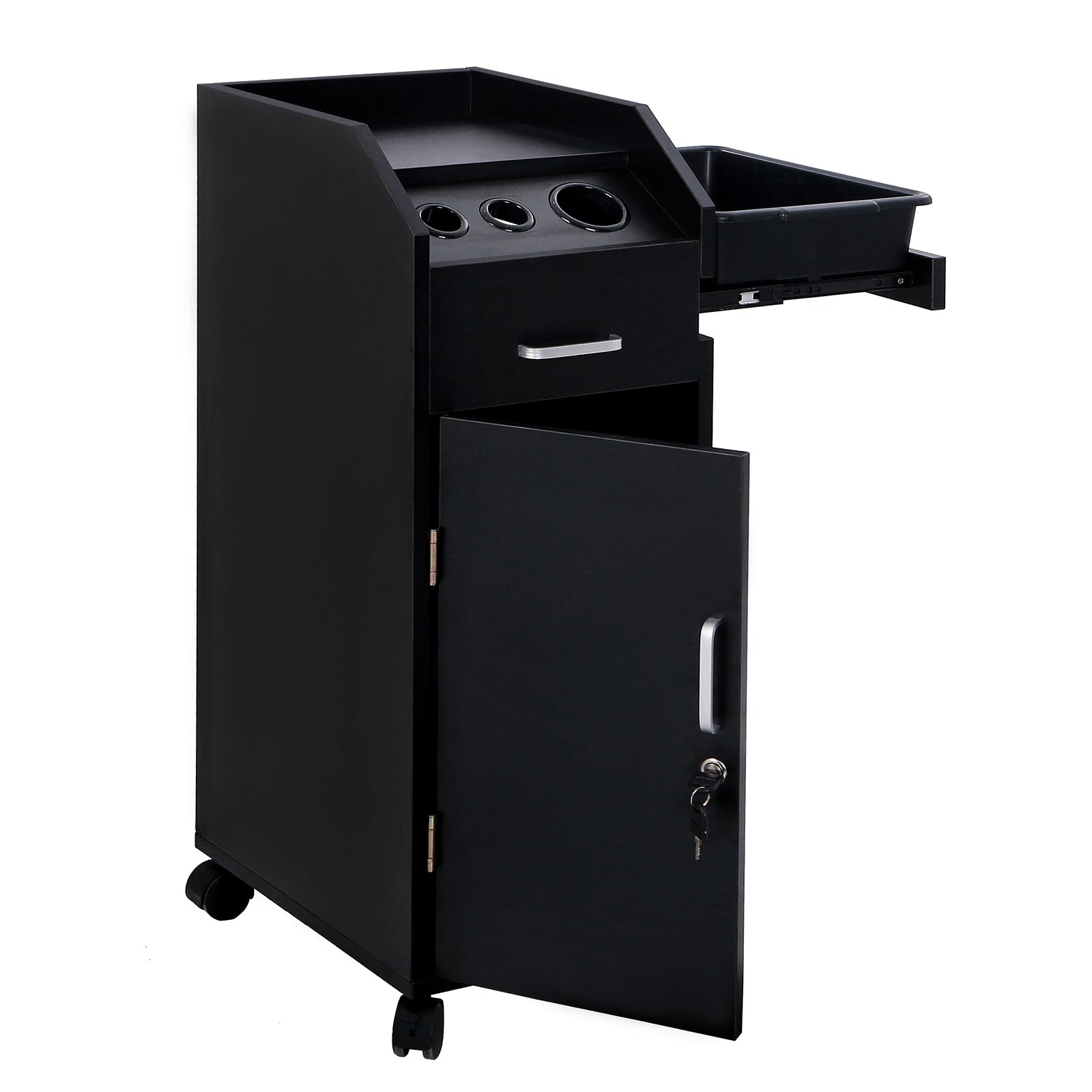 HAOYYE Black Hair Salon Storage Cart with Wheels Lockable 4 Drawer Rolling Trolley with 3 Hair Dryer Holders Mobile Makeup Organizer Station for Hairdressing Barber Spa Beauty Studio Use