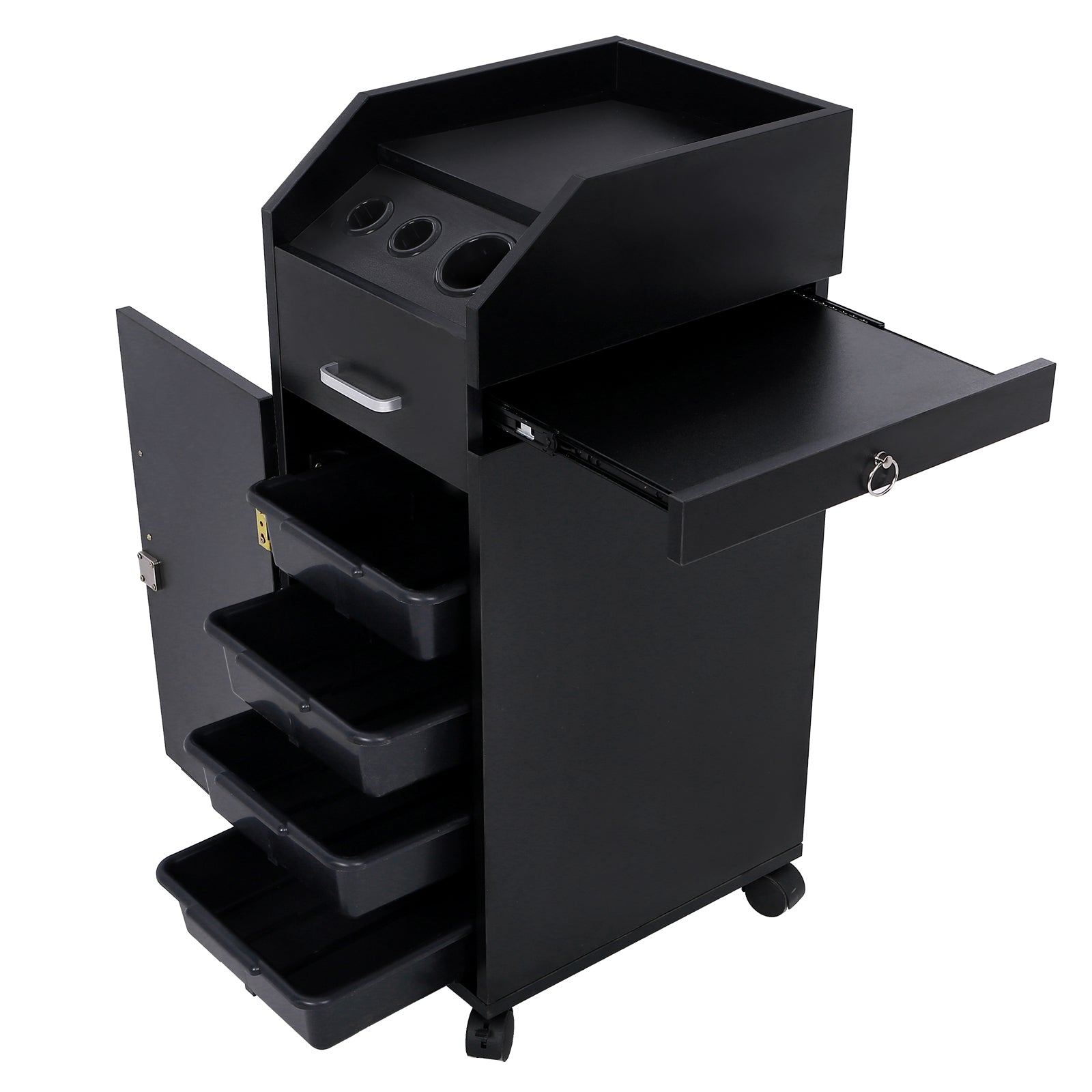 HAOYYE Black Hair Salon Storage Cart with Wheels Lockable 4 Drawer Rolling Trolley with 3 Hair Dryer Holders Mobile Makeup Organizer Station for Hairdressing Barber Spa Beauty Studio Use