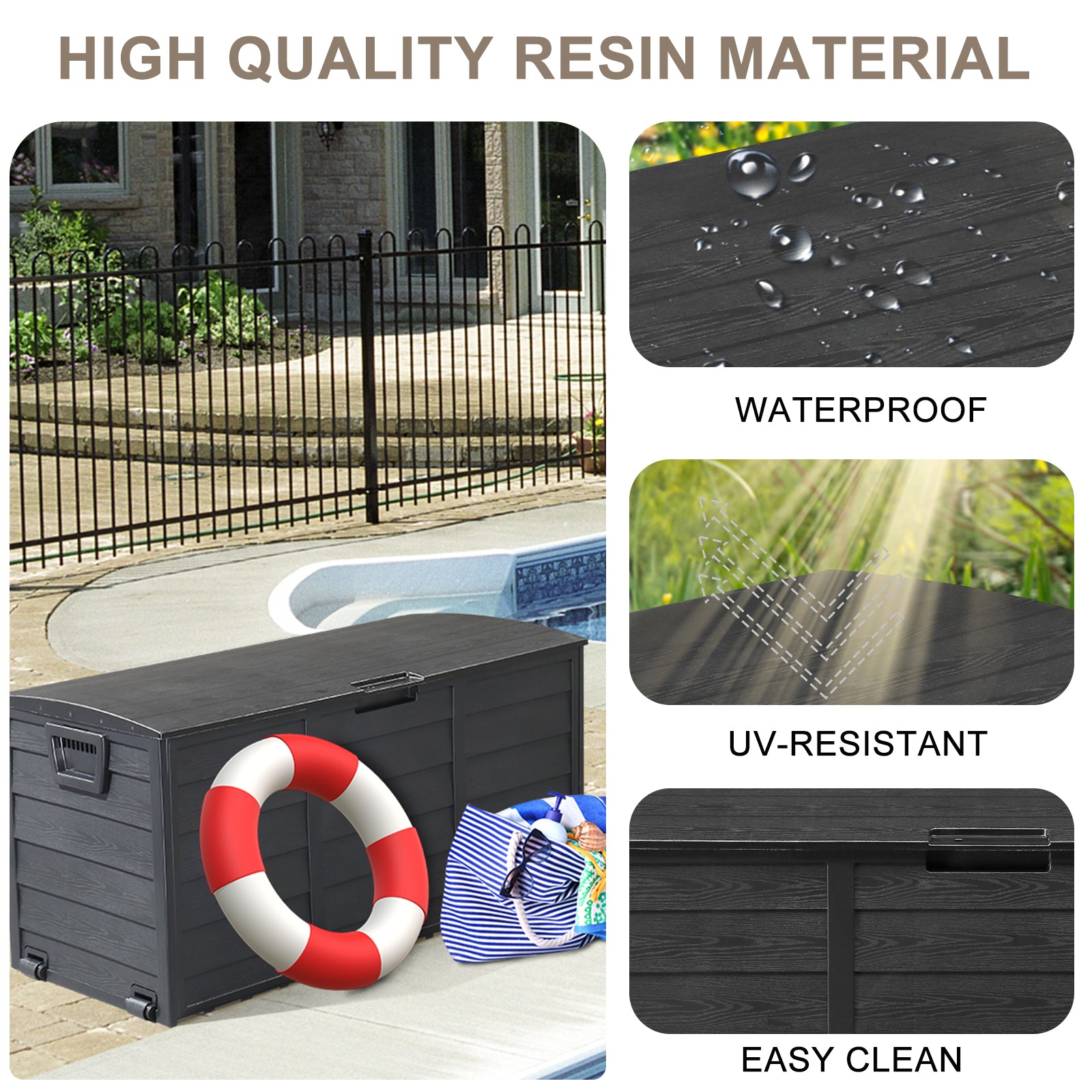 HAOYYE Outdoor Garden Storage Deck Box with Lockable Lid and Wheels, 75 Gallon Waterproof Plastic Chest for Tools, Cushions, Toys, Patio Accessories, Durable and Portable for Backyard or Garage Use
