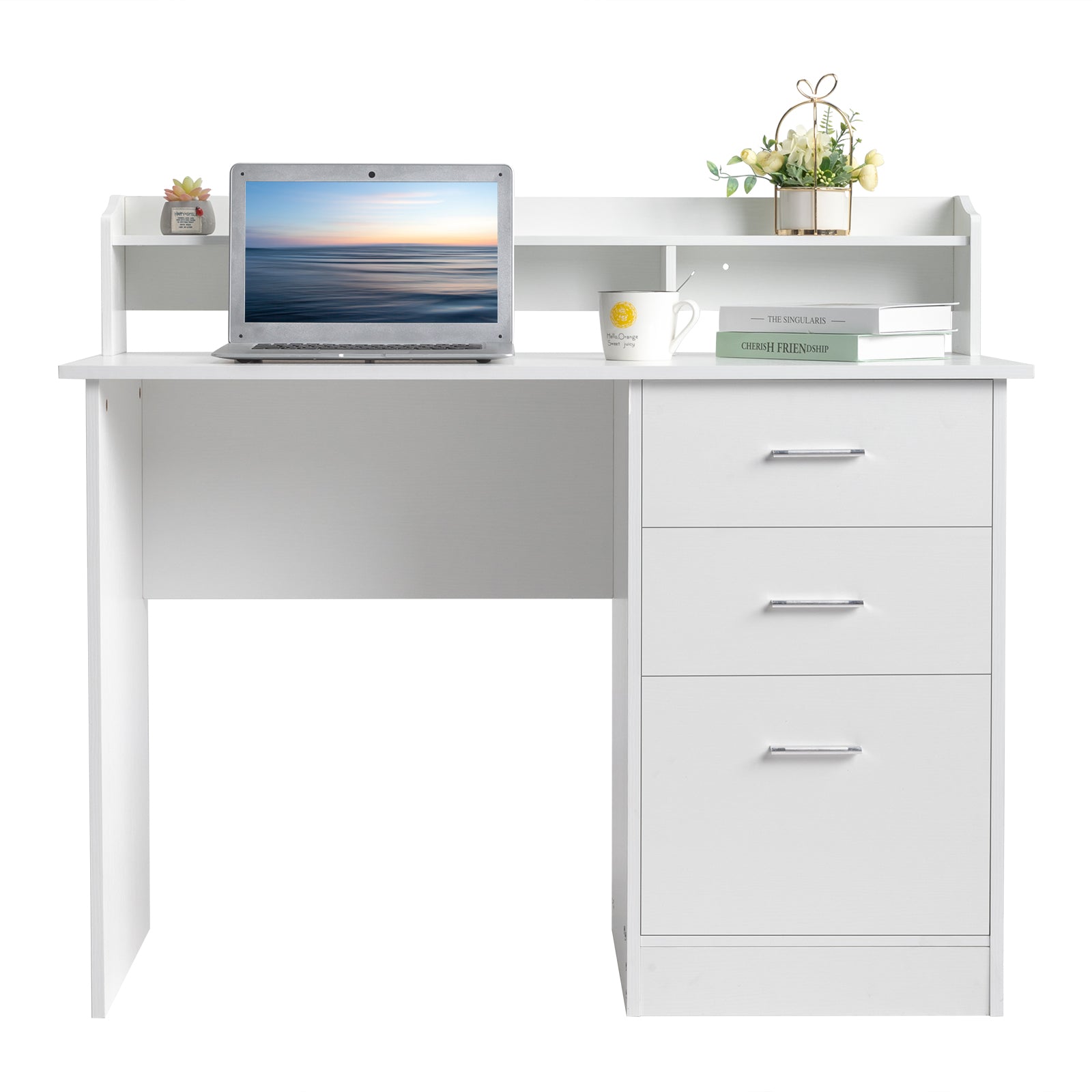HAOYYE White Wood Grain Computer Desk With Triamine Particleboard Desktop, Three Spacious Drawers And Multi-Layer Storage, Modern Design For Home Office And Study, Durable And Easy To Assemble