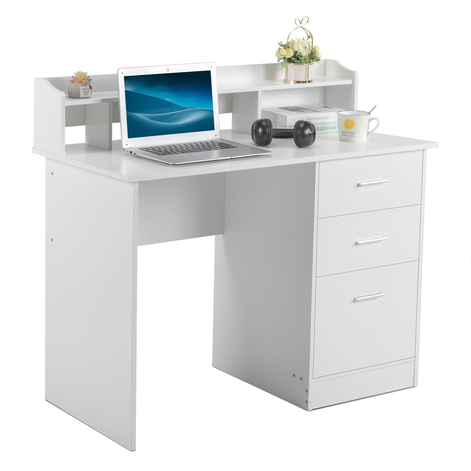 HAOYYE White Wood Grain Computer Desk With Triamine Particleboard Desktop, Three Spacious Drawers And Multi-Layer Storage, Modern Design For Home Office And Study, Durable And Easy To Assemble