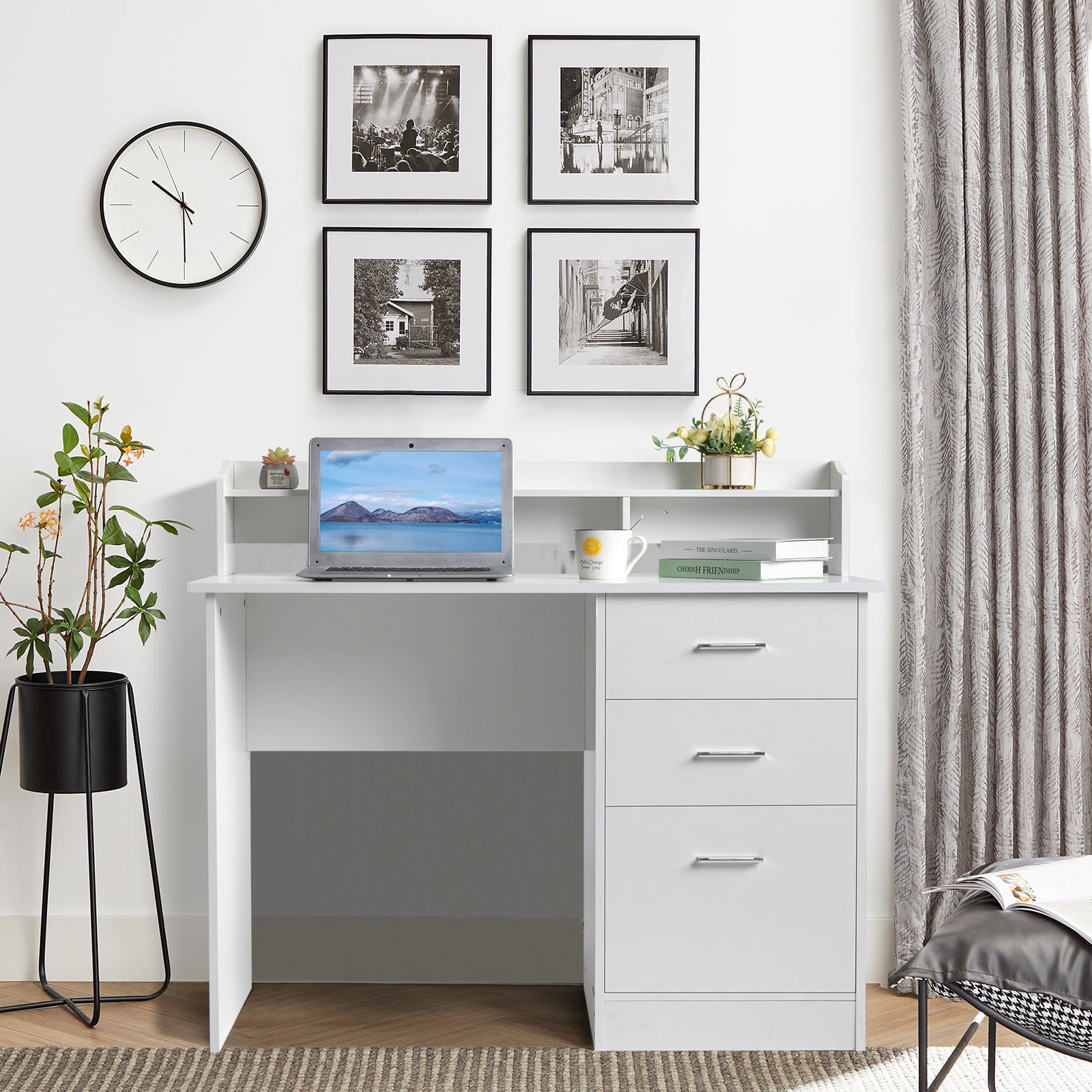 HAOYYE White Wood Grain Computer Desk With Triamine Particleboard Desktop, Three Spacious Drawers And Multi-Layer Storage, Modern Design For Home Office And Study, Durable And Easy To Assemble