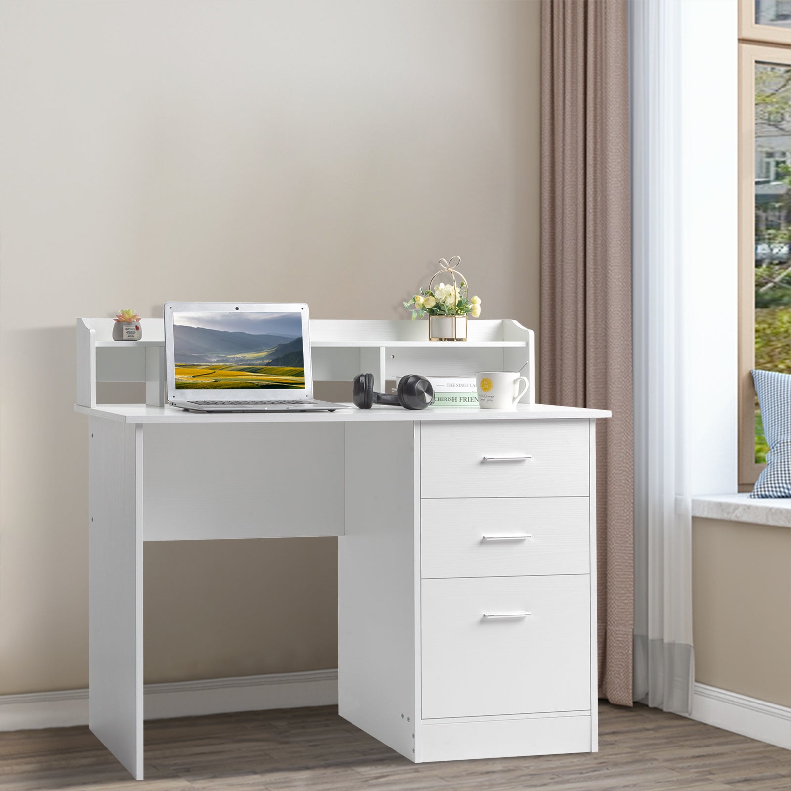 HAOYYE White Wood Grain Computer Desk With Triamine Particleboard Desktop, Three Spacious Drawers And Multi-Layer Storage, Modern Design For Home Office And Study, Durable And Easy To Assemble