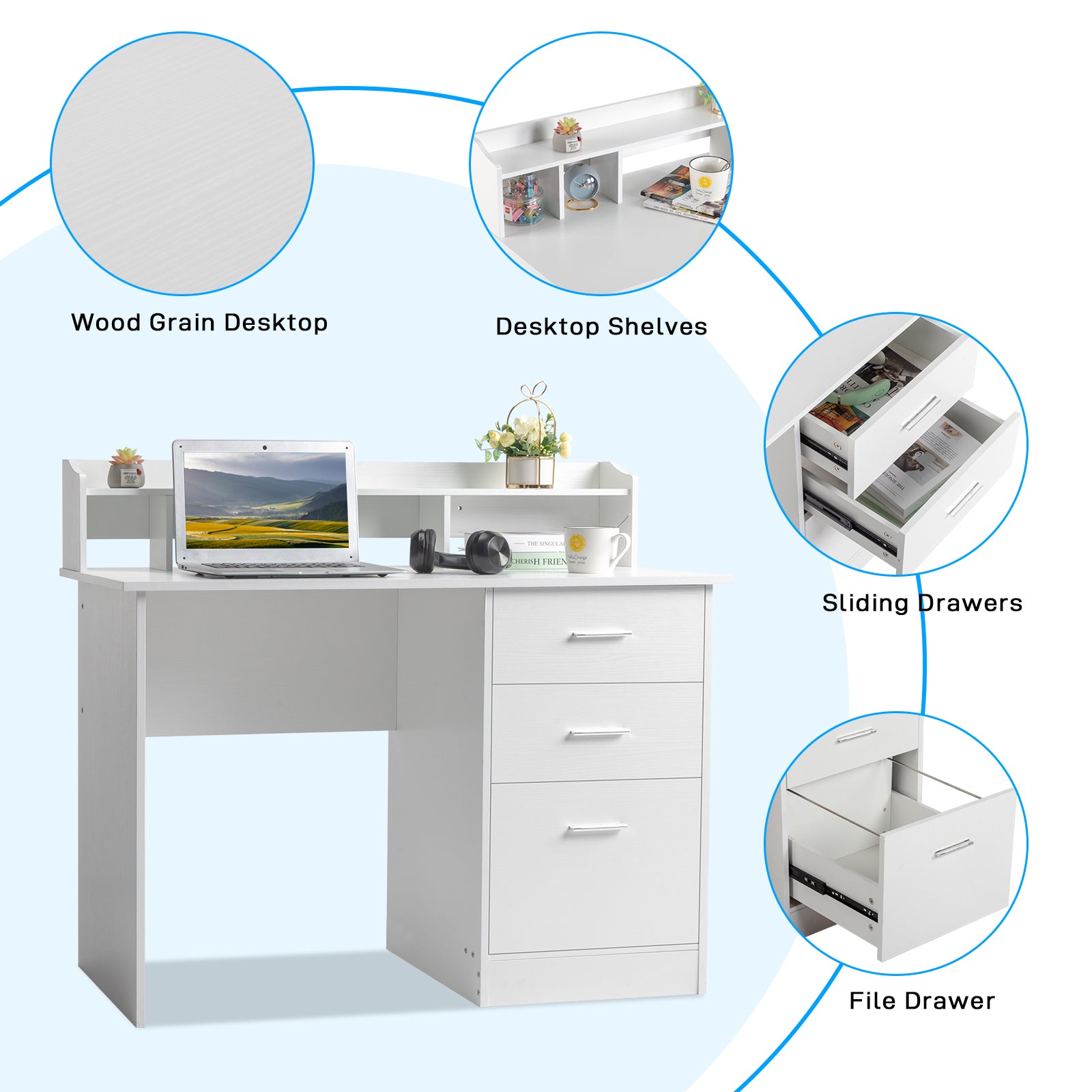 HAOYYE White Wood Grain Computer Desk With Triamine Particleboard Desktop, Three Spacious Drawers And Multi-Layer Storage, Modern Design For Home Office And Study, Durable And Easy To Assemble