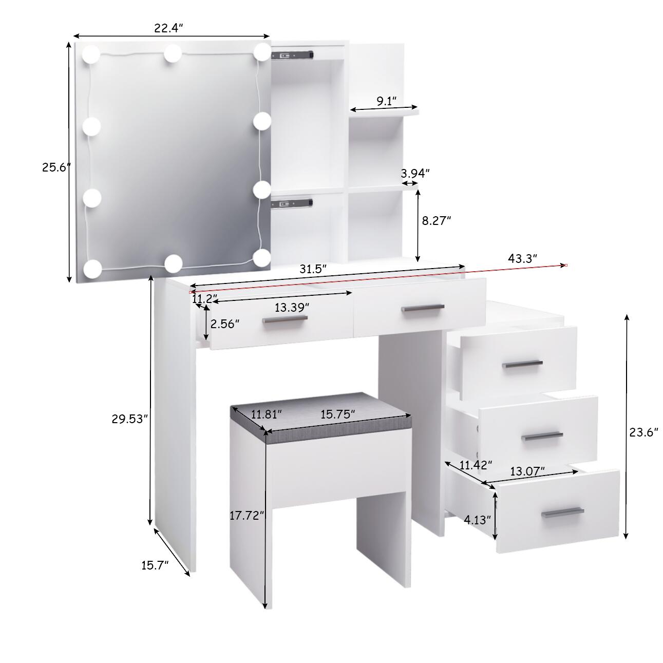 HAOYYE White Dressing Table Set with Mirror Cabinet, 5 Storage Compartments, 2 Open Shelves, and Three Dimming Light Bulbs, Modern Vanity Desk with Triamine Veneer Finish for Bedroom or Makeup Room