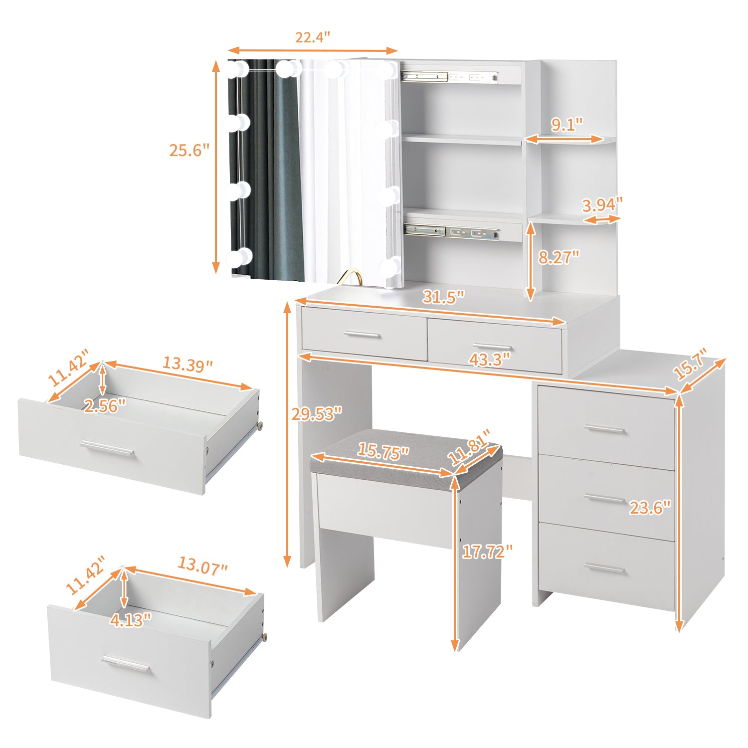 HAOYYE White Dressing Table Set with Mirror Cabinet, 5 Storage Compartments, 2 Open Shelves, and Three Dimming Light Bulbs, Modern Vanity Desk with Triamine Veneer Finish for Bedroom or Makeup Room