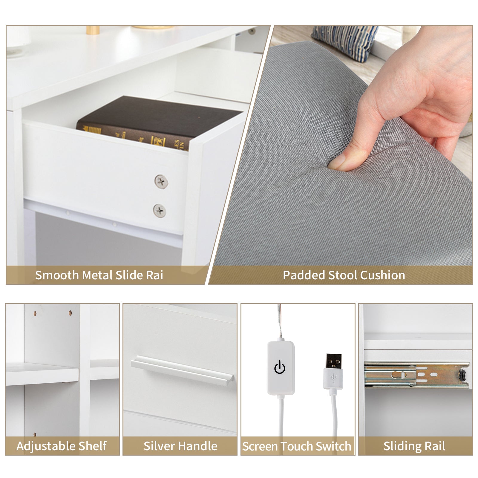 HAOYYE White Dressing Table Set with Mirror Cabinet, 5 Storage Compartments, 2 Open Shelves, and Three Dimming Light Bulbs, Modern Vanity Desk with Triamine Veneer Finish for Bedroom or Makeup Room