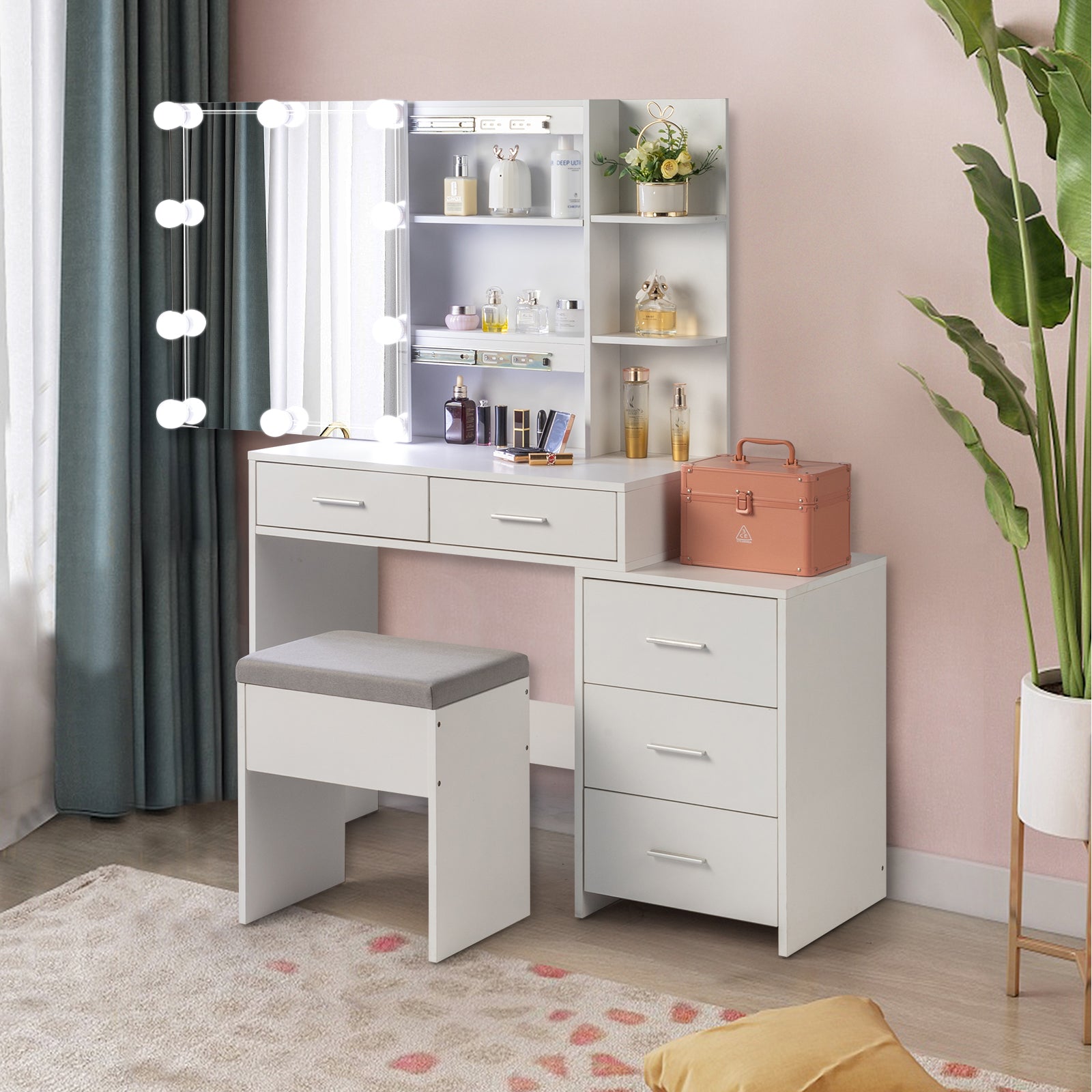 HAOYYE White Dressing Table Set with Mirror Cabinet, 5 Storage Compartments, 2 Open Shelves, and Three Dimming Light Bulbs, Modern Vanity Desk with Triamine Veneer Finish for Bedroom or Makeup Room