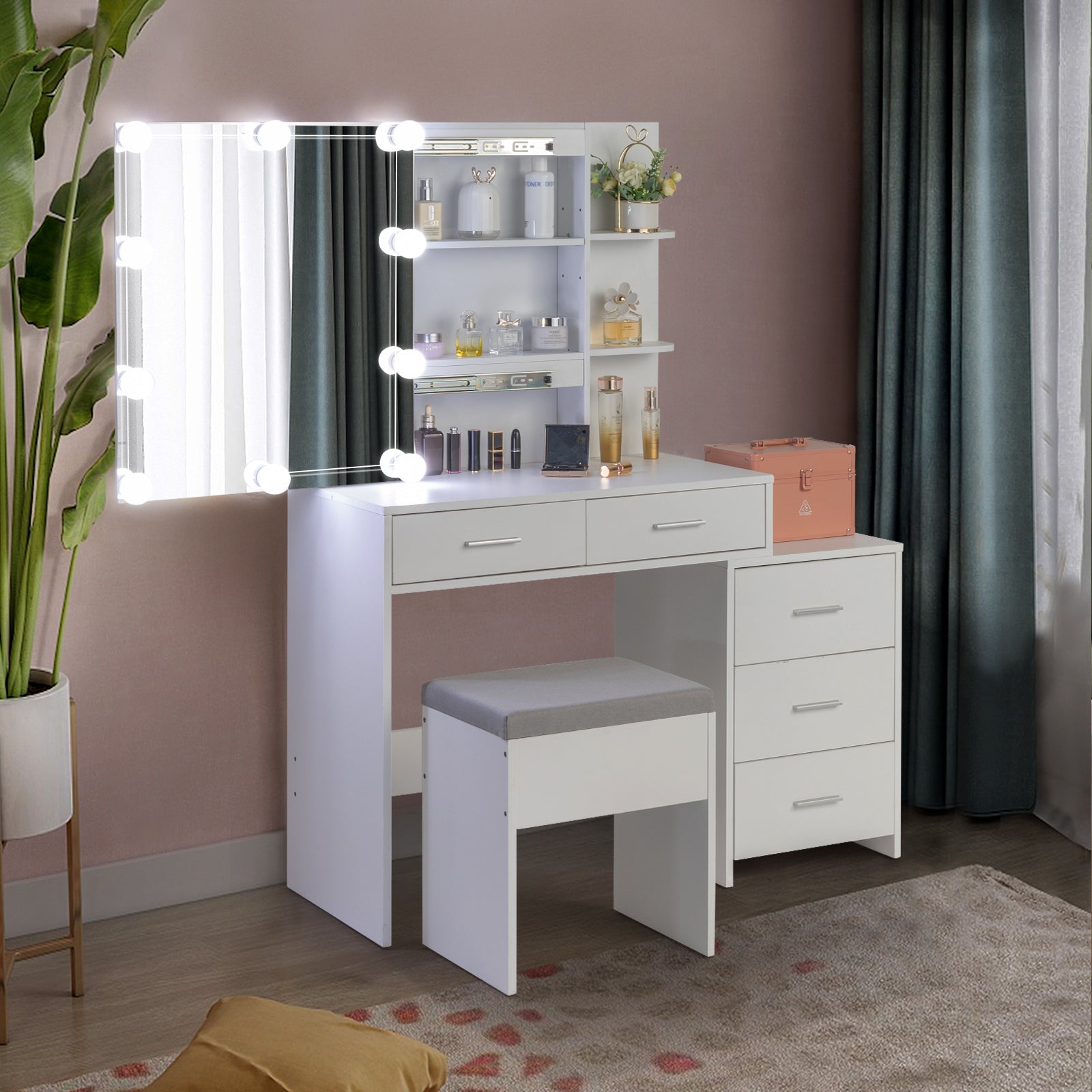 HAOYYE White Dressing Table Set with Mirror Cabinet, 5 Storage Compartments, 2 Open Shelves, and Three Dimming Light Bulbs, Modern Vanity Desk with Triamine Veneer Finish for Bedroom or Makeup Room