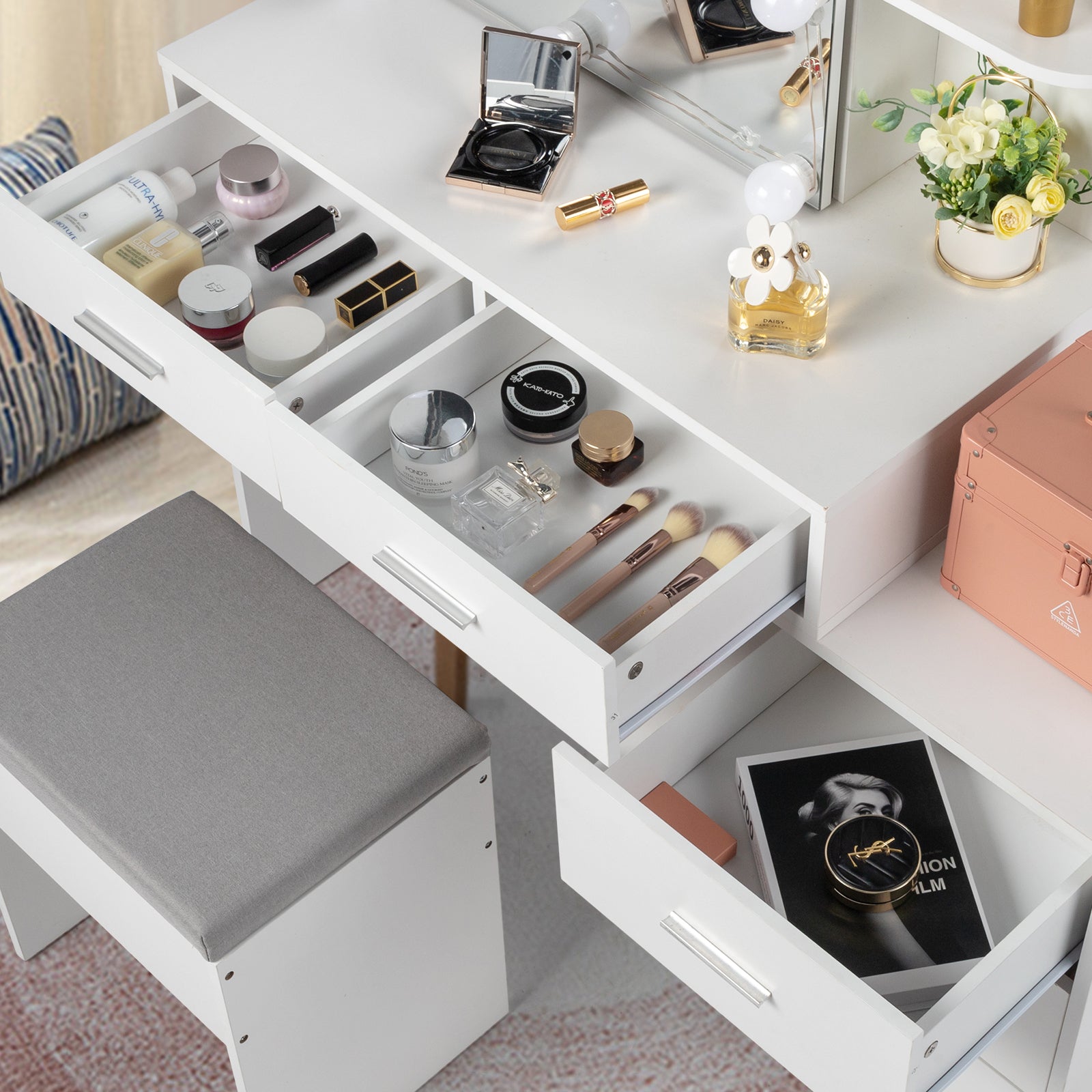 HAOYYE White Dressing Table Set with Mirror Cabinet, 5 Storage Compartments, 2 Open Shelves, and Three Dimming Light Bulbs, Modern Vanity Desk with Triamine Veneer Finish for Bedroom or Makeup Room