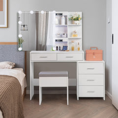 HAOYYE White Dressing Table Set with Mirror Cabinet, 5 Storage Compartments, 2 Open Shelves, and Three Dimming Light Bulbs, Modern Vanity Desk with Triamine Veneer Finish for Bedroom or Makeup Room