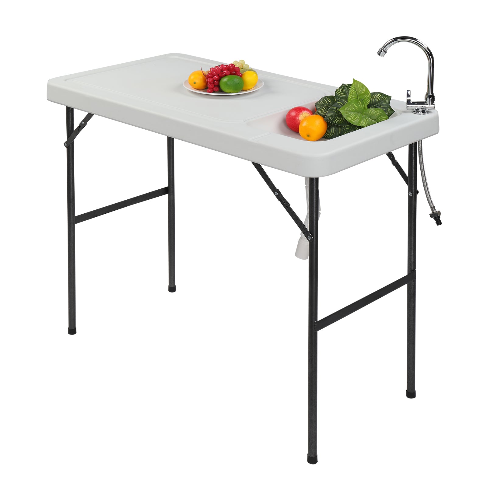 HAOYYE Folding Portable Fish Fillet & Hunting & Cutting Table with Sink Faucet, Multi-purpose Outdoor Table with Water Access for Camping, Fishing, and Outdoor Activities, Durable HDPE Top and Steel Frame