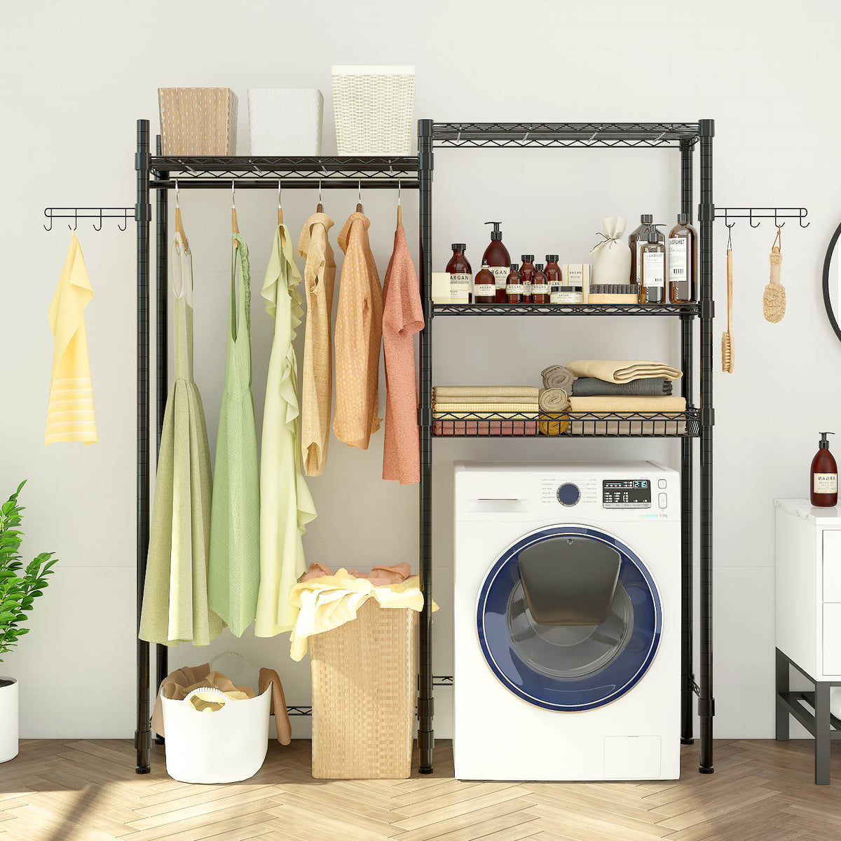 HAOYYE Washer And Dryer Storage Shelf, Heavy Duty Metal Garment Rack With Shelves, Laundry Room Clothes Organizer, Bathroom Space-Saving Rack, Portable Closet Drying Rack, Rolling Garment Rack For Home Organization, Industrial Clothing Storage Solution