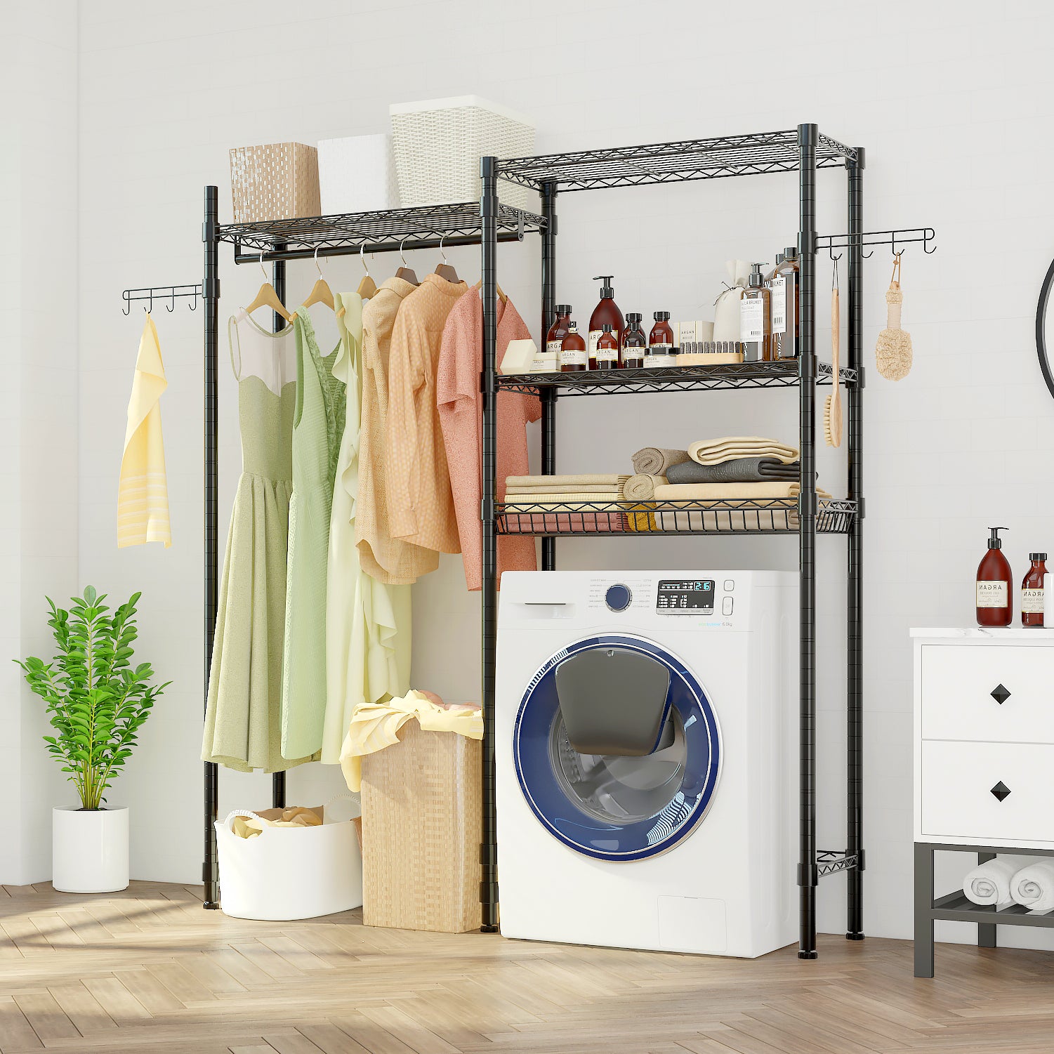 HAOYYE Washer And Dryer Storage Shelf, Heavy Duty Metal Garment Rack With Shelves, Laundry Room Clothes Organizer, Bathroom Space-Saving Rack, Portable Closet Drying Rack, Rolling Garment Rack For Home Organization, Industrial Clothing Storage Solution