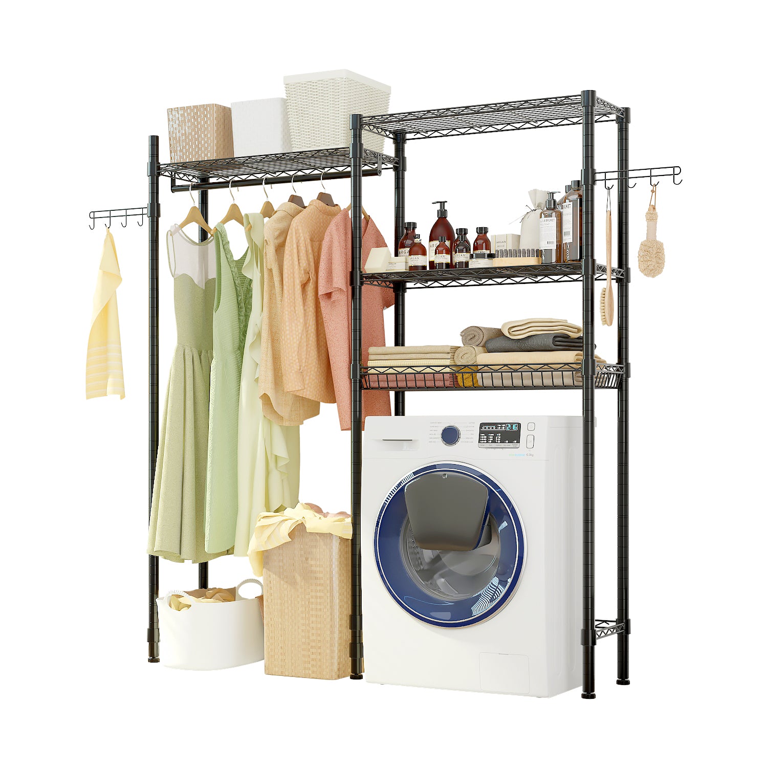 HAOYYE Washer And Dryer Storage Shelf, Heavy Duty Metal Garment Rack With Shelves, Laundry Room Clothes Organizer, Bathroom Space-Saving Rack, Portable Closet Drying Rack, Rolling Garment Rack For Home Organization, Industrial Clothing Storage Solution