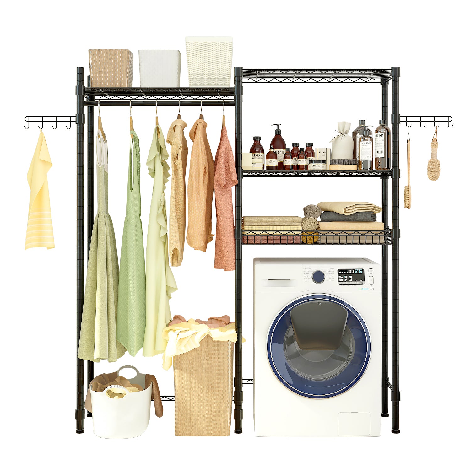 HAOYYE Washer And Dryer Storage Shelf, Heavy Duty Metal Garment Rack With Shelves, Laundry Room Clothes Organizer, Bathroom Space-Saving Rack, Portable Closet Drying Rack, Rolling Garment Rack For Home Organization, Industrial Clothing Storage Solution