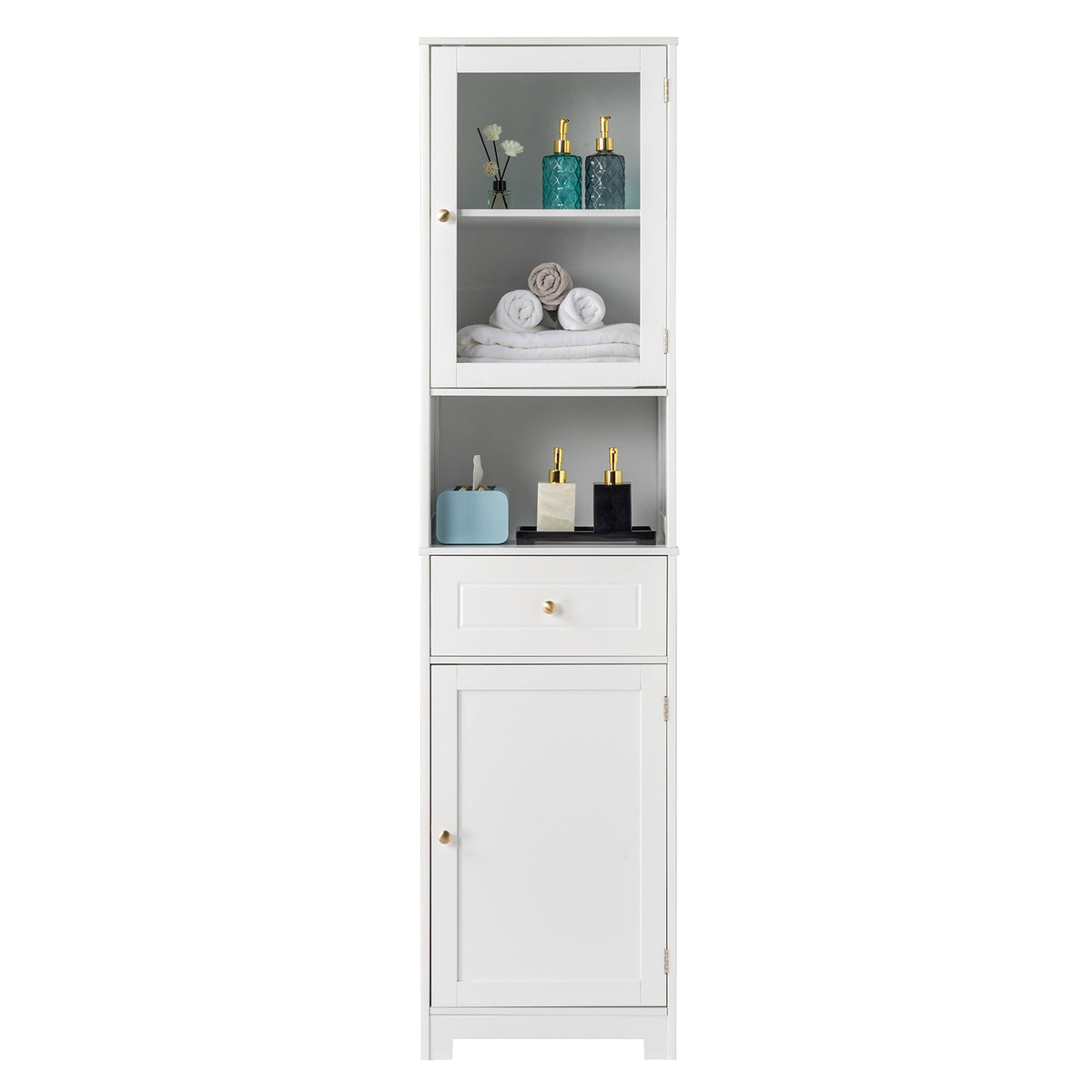 HAOYYE Modern Up And Down Bathroom Cabinet With 2 Doors 1 Drawer And 1 Shelf, Space-Saving Household Storage Bookcase, White Finish, Durable And Stylish For Bathroom Organization