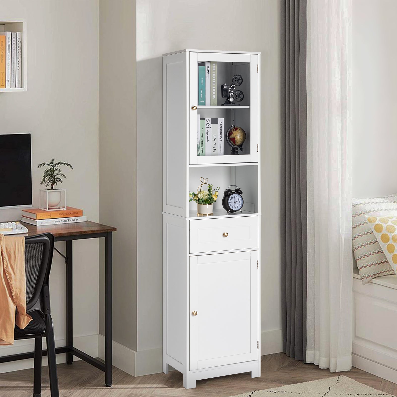 HAOYYE Modern Up And Down Bathroom Cabinet With 2 Doors 1 Drawer And 1 Shelf, Space-Saving Household Storage Bookcase, White Finish, Durable And Stylish For Bathroom Organization