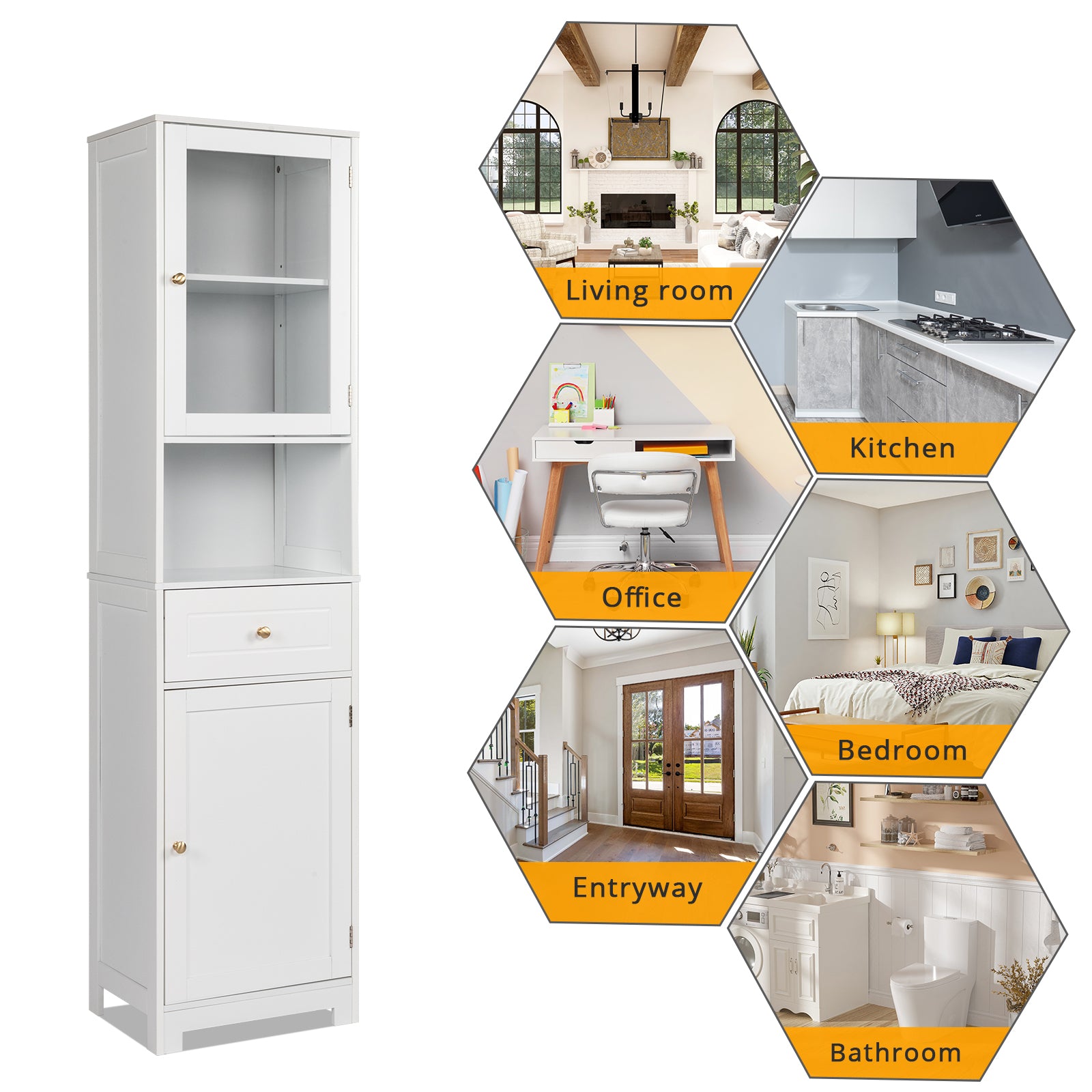 HAOYYE Modern Up And Down Bathroom Cabinet With 2 Doors 1 Drawer And 1 Shelf, Space-Saving Household Storage Bookcase, White Finish, Durable And Stylish For Bathroom Organization